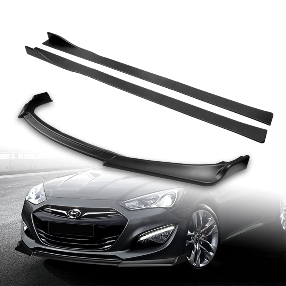 Q1-TECH 9-Piece Front Bumper Lip Kit & Side Skirt Extensions Diffuser Set for 2013-2016 Hyundai Genesis Coupe 2-Door | ABS Matte Black Spoiler Air Chin Body Splitter | Car Styling & Performance Upgrade for Sporty Look