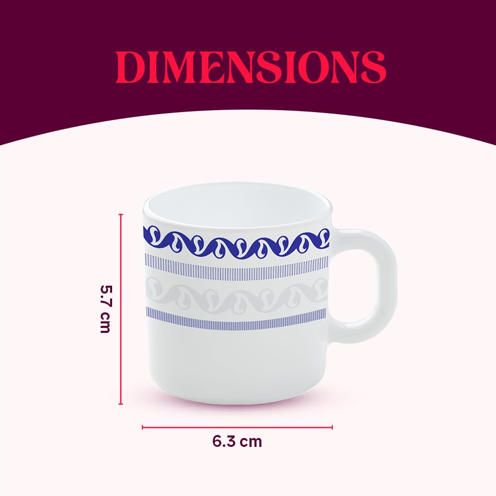 BOROSIL Larah Jazzblue Opalware Coffee Mug Set of 6 (100ml Each) - Microwave & Dishwasher Safe, Bone-Ash Free - Elegant White Tea Cups for Home, Office, Gifts & Daily Use