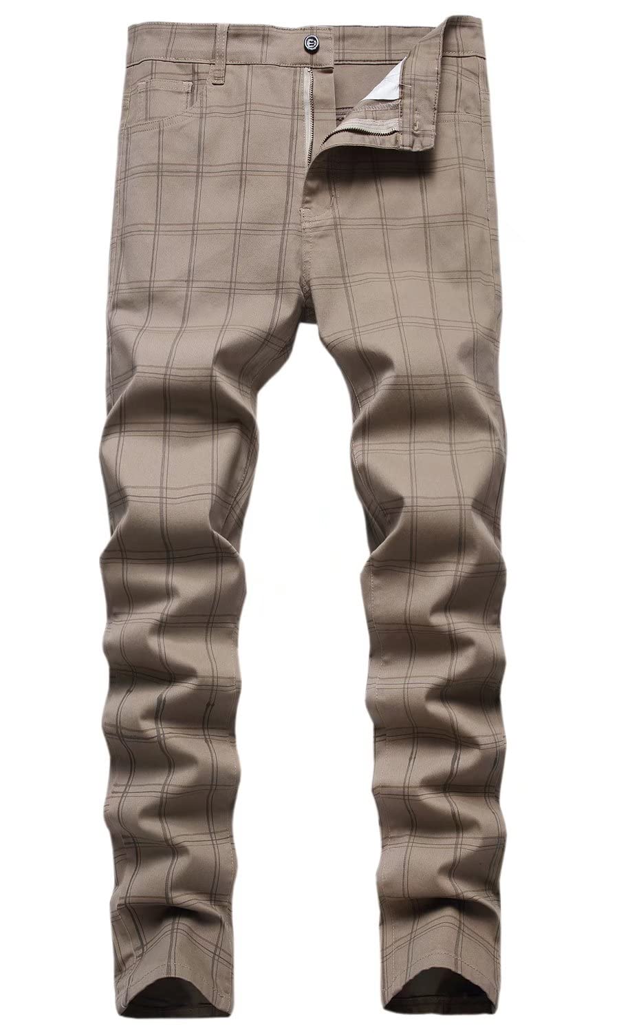 HENGAO Men's Straight Fit Plaid Chino Pants - Comfortable Casual Dress Pants for Office, Business & Everyday Wear