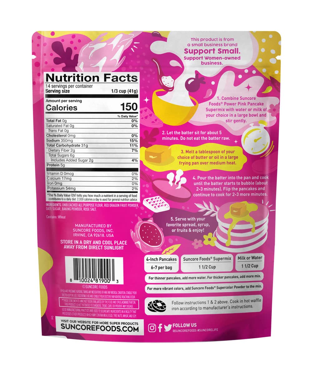 Suncore Foods Power Pink Pitaya Pancake & Waffle Mix - Non-GMO, Vegan, Gluten-Free, 20oz (1 Pack) - Perfect for Breakfast, Brunch, and Dessert Recipes