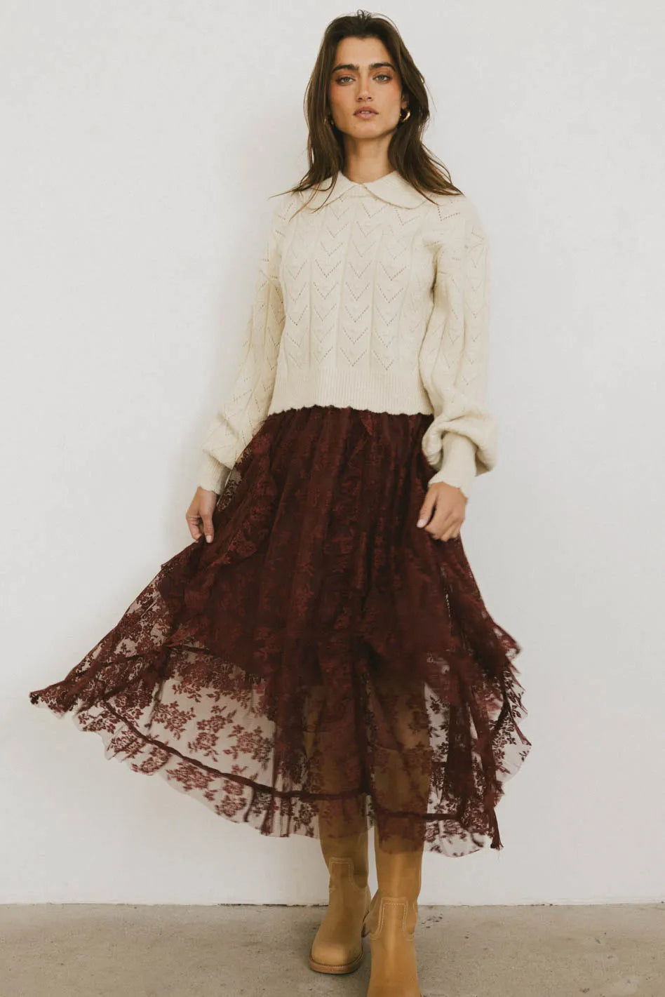 Elsie Lace Midi Skirt in Red Brown - Elegant Floral Lace Skirt for Women | Perfect for Weddings, Parties & Date Nights | FINAL SALE