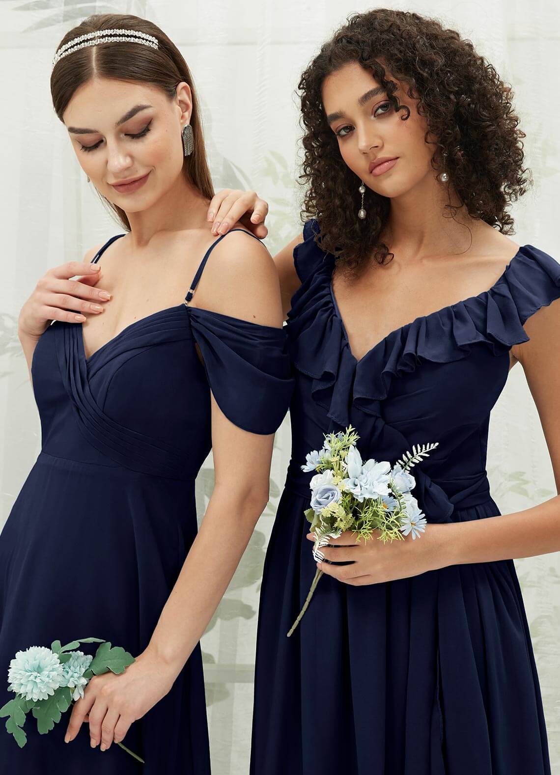 Elegant Dark Navy Chiffon Bridesmaid Dress with Ruffle Cross Straps & V-Neck Wrap Design - Perfect for Weddings, Formal Events & Special Occasions