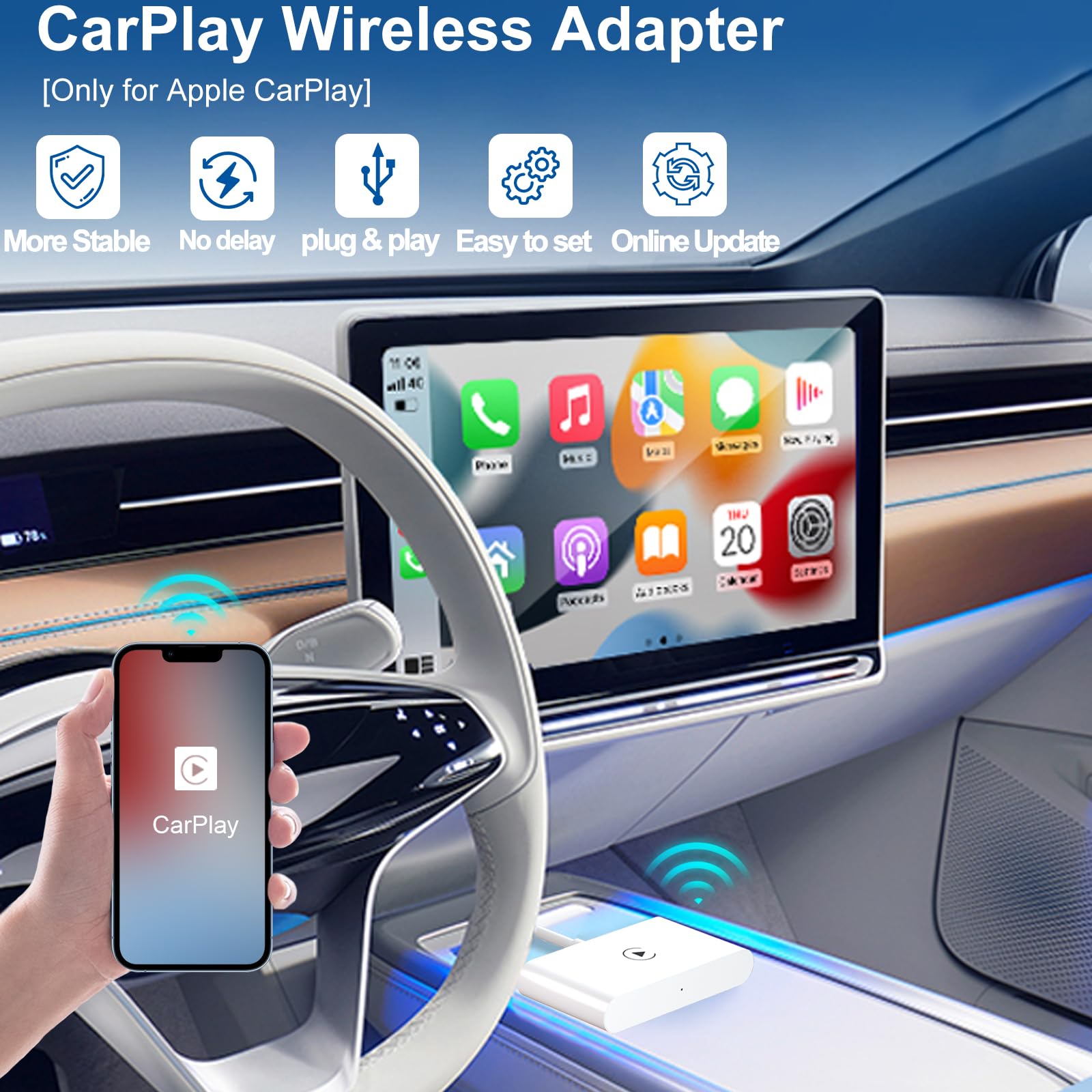 Wireless CarPlay Adapter for iPhone - Convert Wired to Wireless CarPlay for Audi, VW, Skoda, Hyundai, Volvo, Renault - iOS 13+ & 5GHz WiFi Support - Perfect for Hands-Free Driving & Seamless Music Streaming