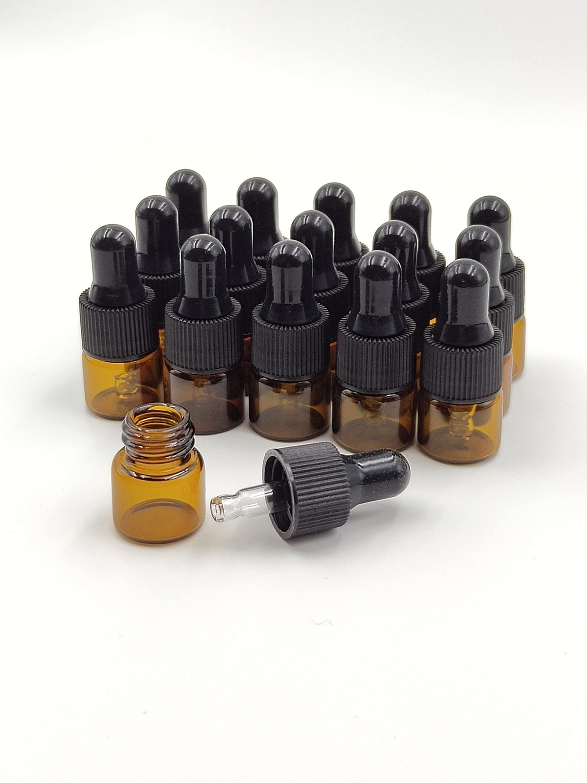 15 Pack 1ml Amber Glass Dropper Bottles for Essential Oils & Cosmetics - Travel Sample Vials with Caps for DIY & Beauty Storage