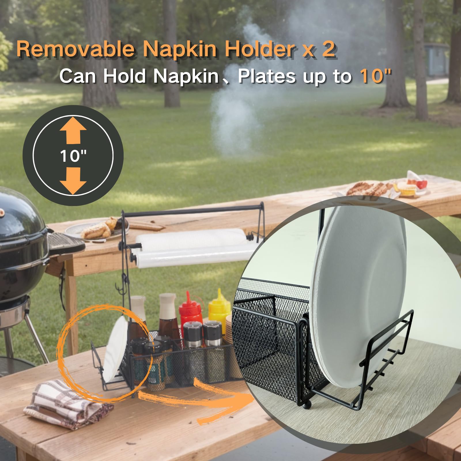 Premium Grill Caddy Organizer with Paper Towel Holder & 2 Hooks - BBQ Utensil Caddy for Outdoor Cooking, Camping, Picnics - Perfect Grill Accessories Gift for Men (Patio, Backyard, Tailgating)
