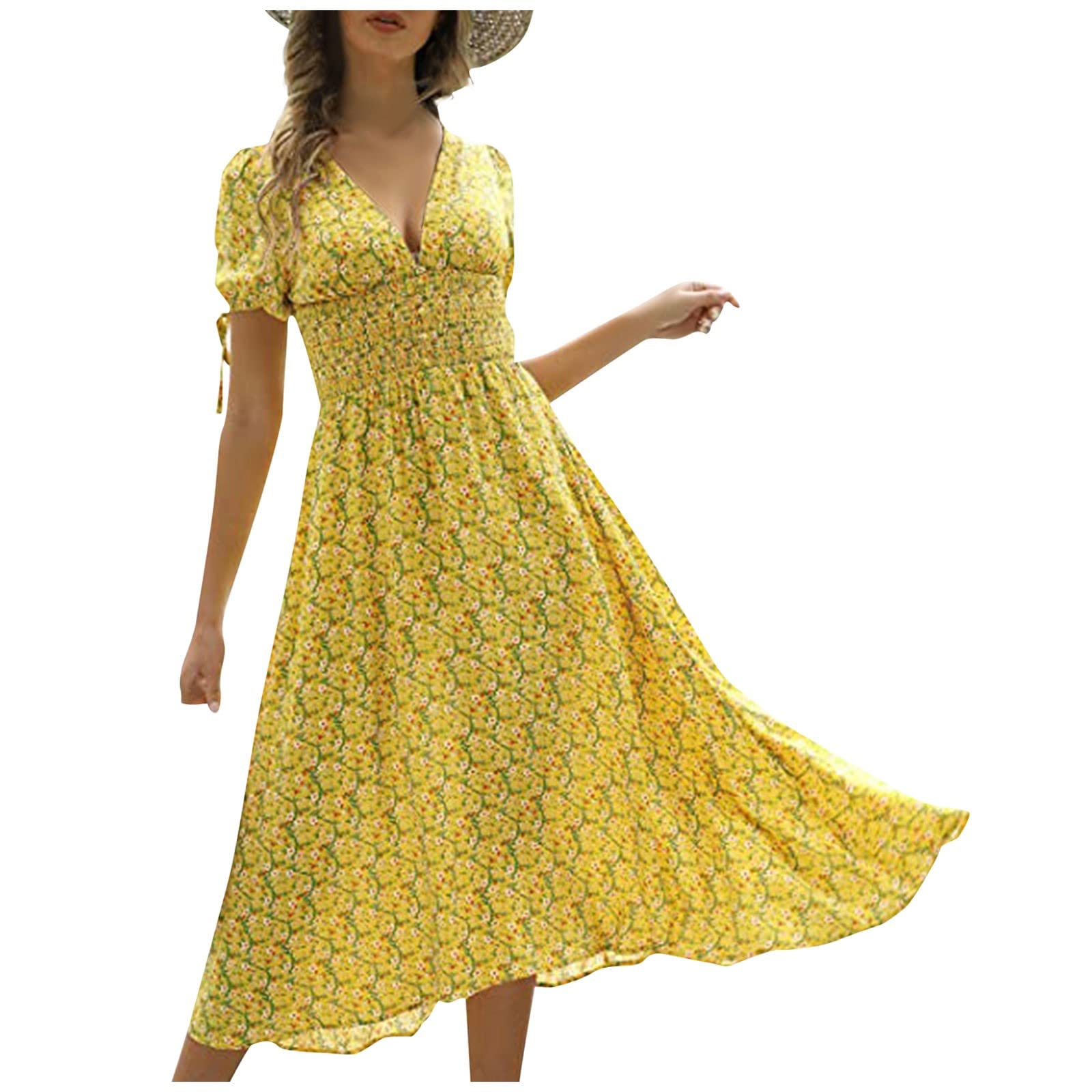 Women's Linen Maxi Dress - Boho Summer Casual Dress with V-Neck & Floral Print, Y2K Fashion Tunic Dress with Sleeves (XXL, Yellow) | Perfect for Beach Vacations, Music Festivals & Summer Outings
