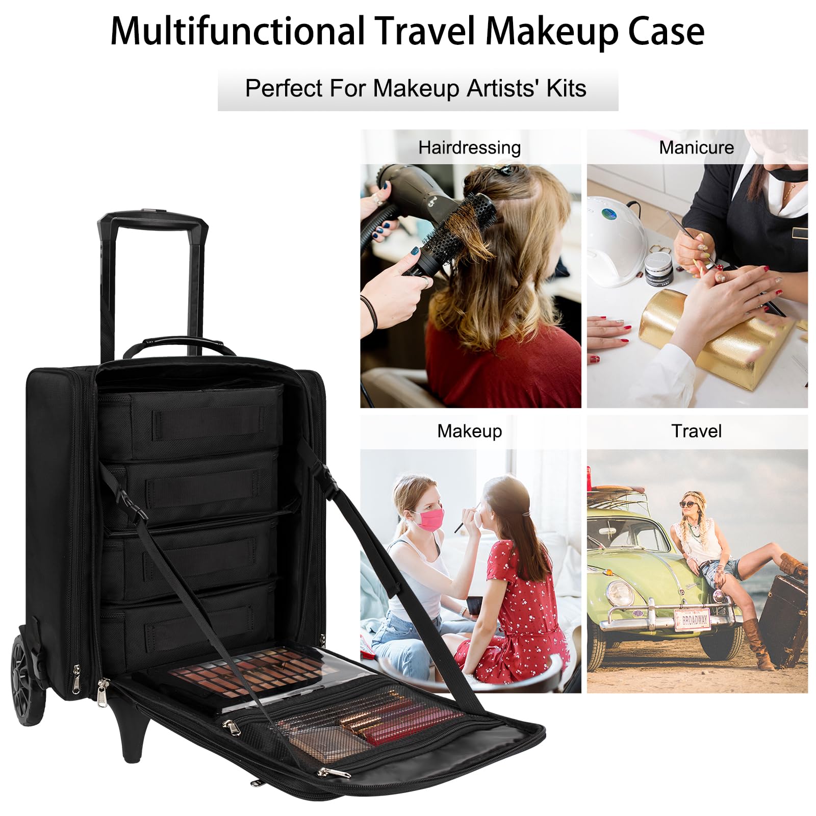 Professional Rolling Makeup Case - Extra Large Travel Cosmetic Organizer with 4 Removable Bags | Portable Makeup Train Case for Artists & Beauty Enthusiasts | Perfect for Salon, Bridal, On-Set & Travel Makeup Storage