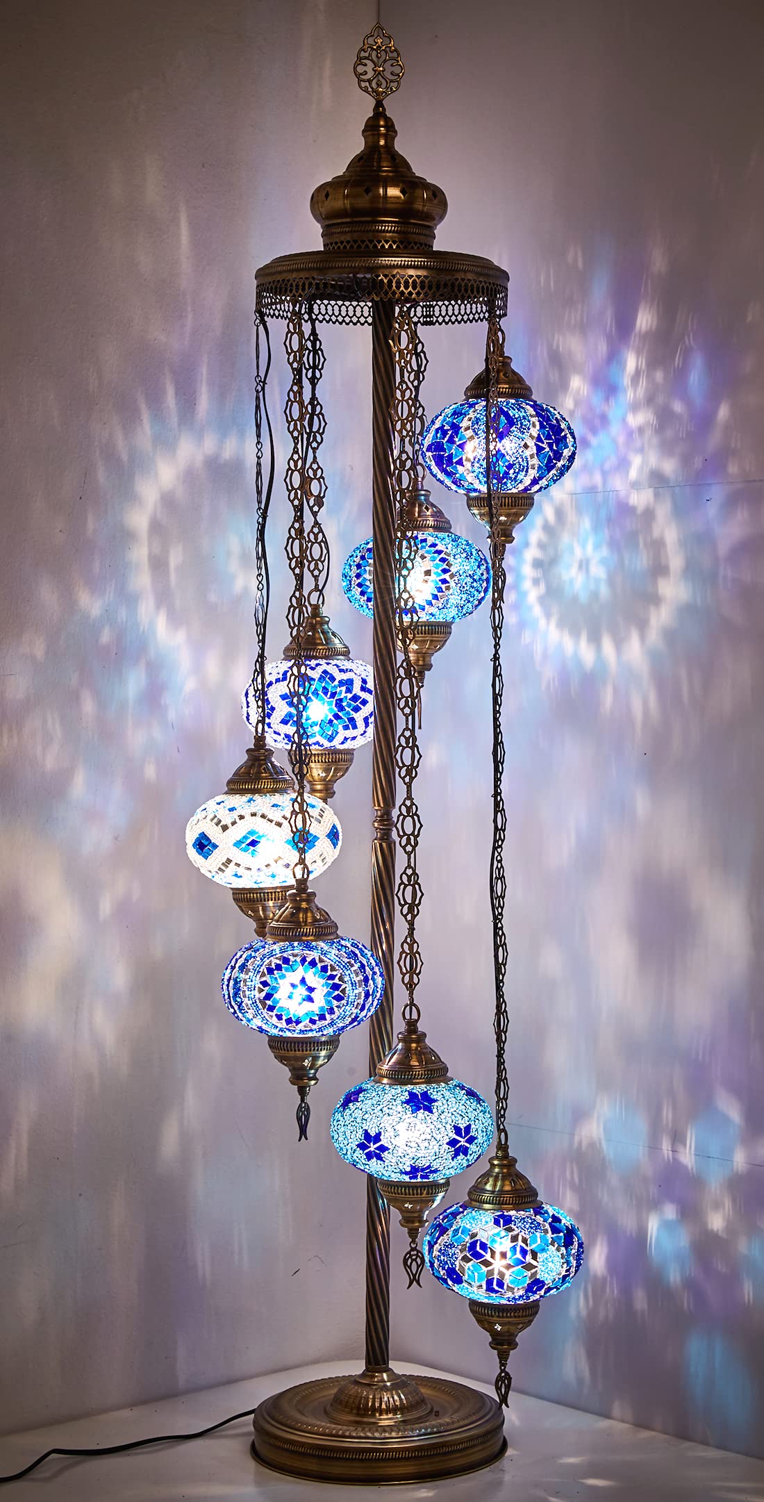 DEMMEX - 7 Large Globes Turkish Moroccan Mosaic Floor Lamp, 5-Foot Tall Tiffany-Style Bohemian Standing Lamp with 7-Inch Handcrafted Glass Globes - Boho Chic Lighting for Living Room, Bedroom, Office & Meditation Spaces