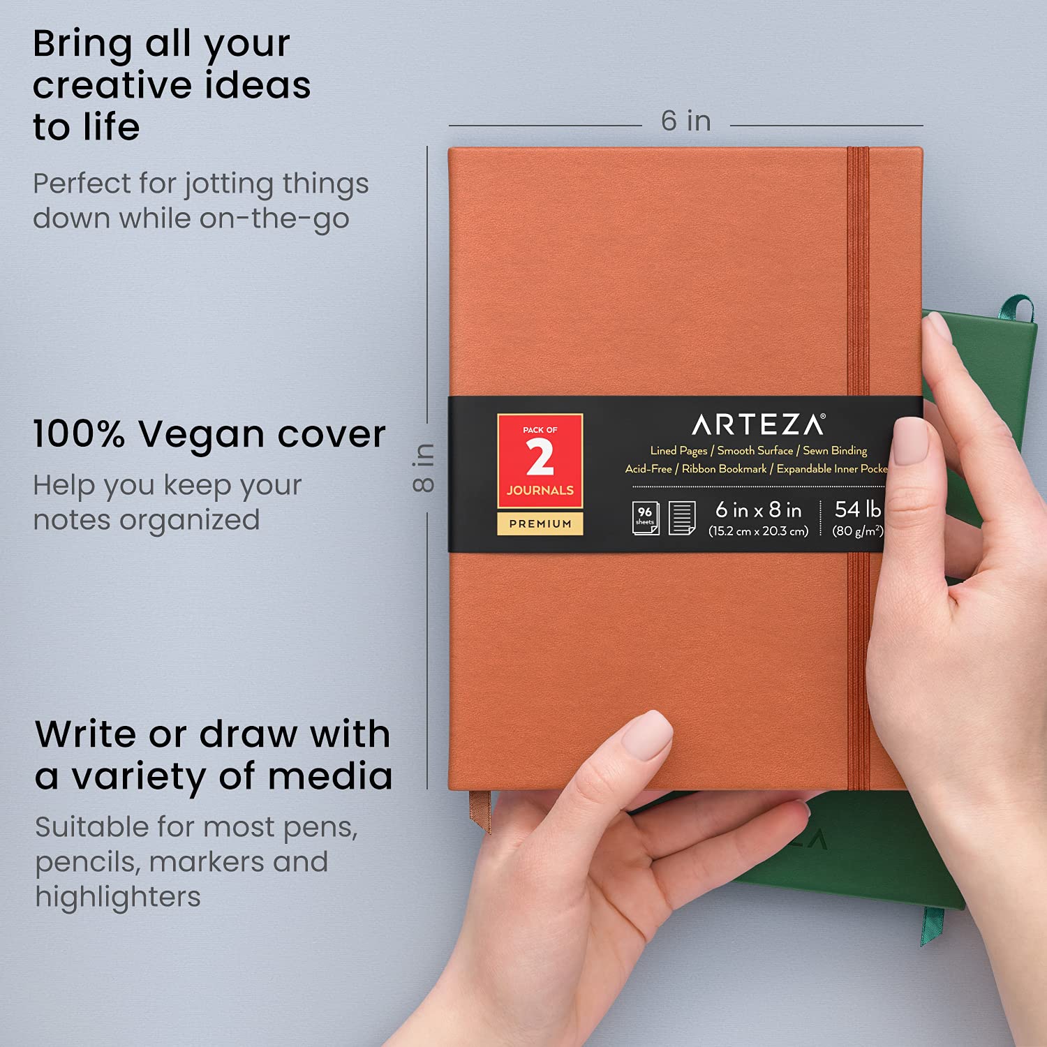 ARTEZA Hardcover Journal Notebooks, Pack of 2, 6x8 Inches, 96 Sheets, Lined Paper, Green and Saddle Brown - Perfect for Writing, Sketching & Note Taking in School, Office or Travel