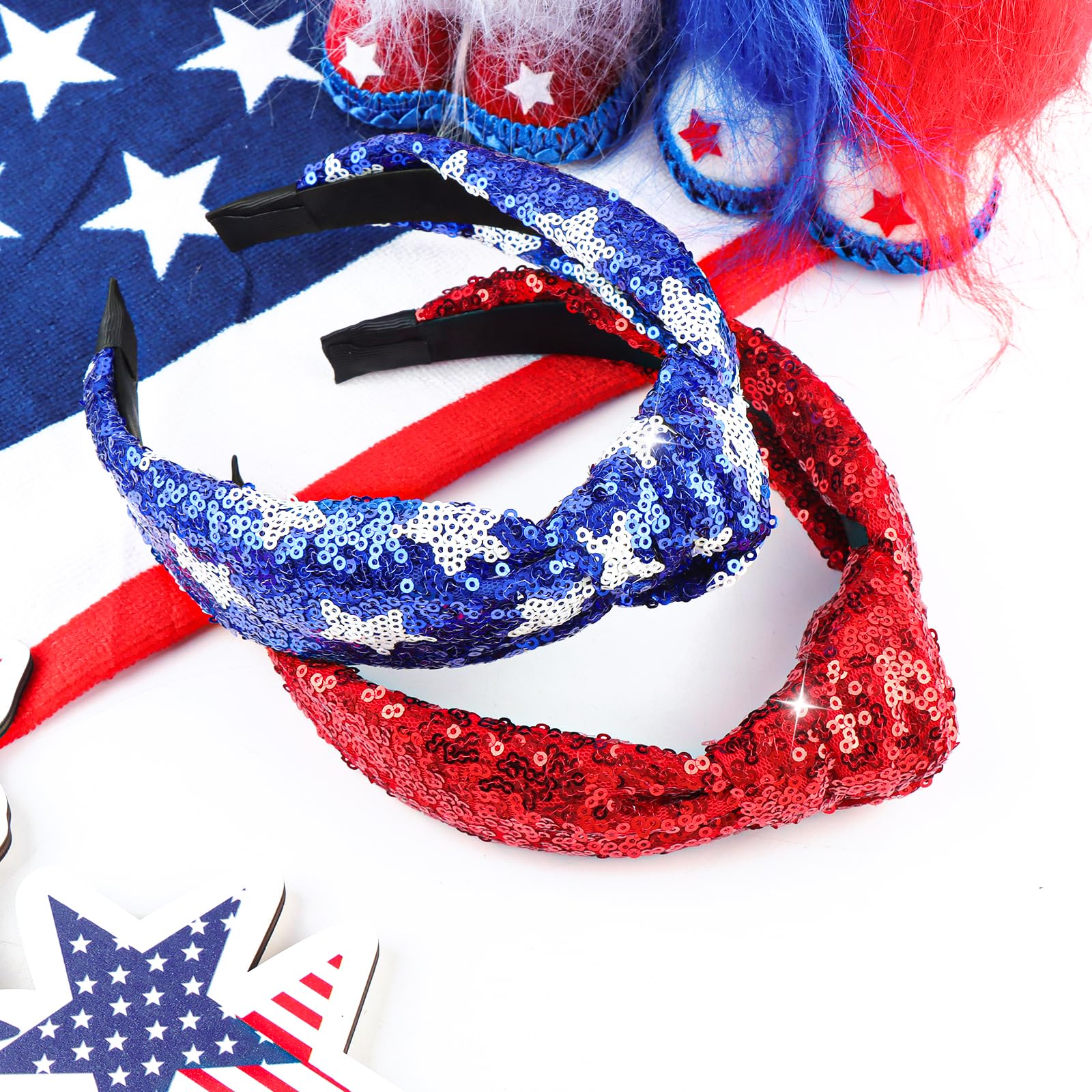 4th of July Sequin Knotted Headbands for Women - Patriotic Red & Blue Sparkly Hair Accessories, Glitter Headbands for Girls, Fashion Gifts for Independence Day - Perfect for Parties, Parades & Festive Celebrations