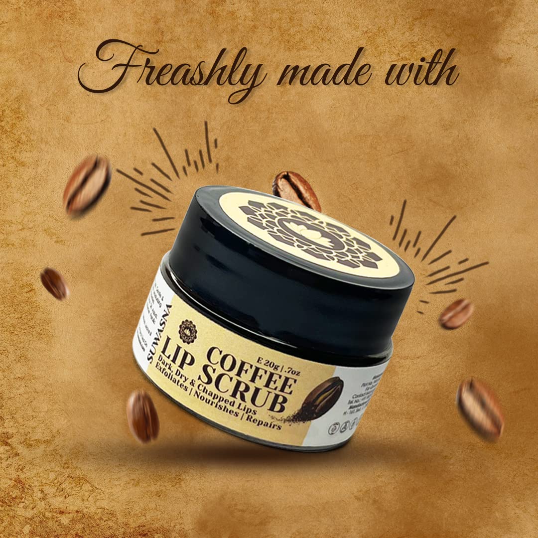 Suwasna Coffee Lip Scrub for Dry, Chapped & Dark Lips - Natural Exfoliating Treatment for Lip Brightening & Soft Pink Lips (20g) | Perfect for Winter Care & Pre-Makeup Lip Prep