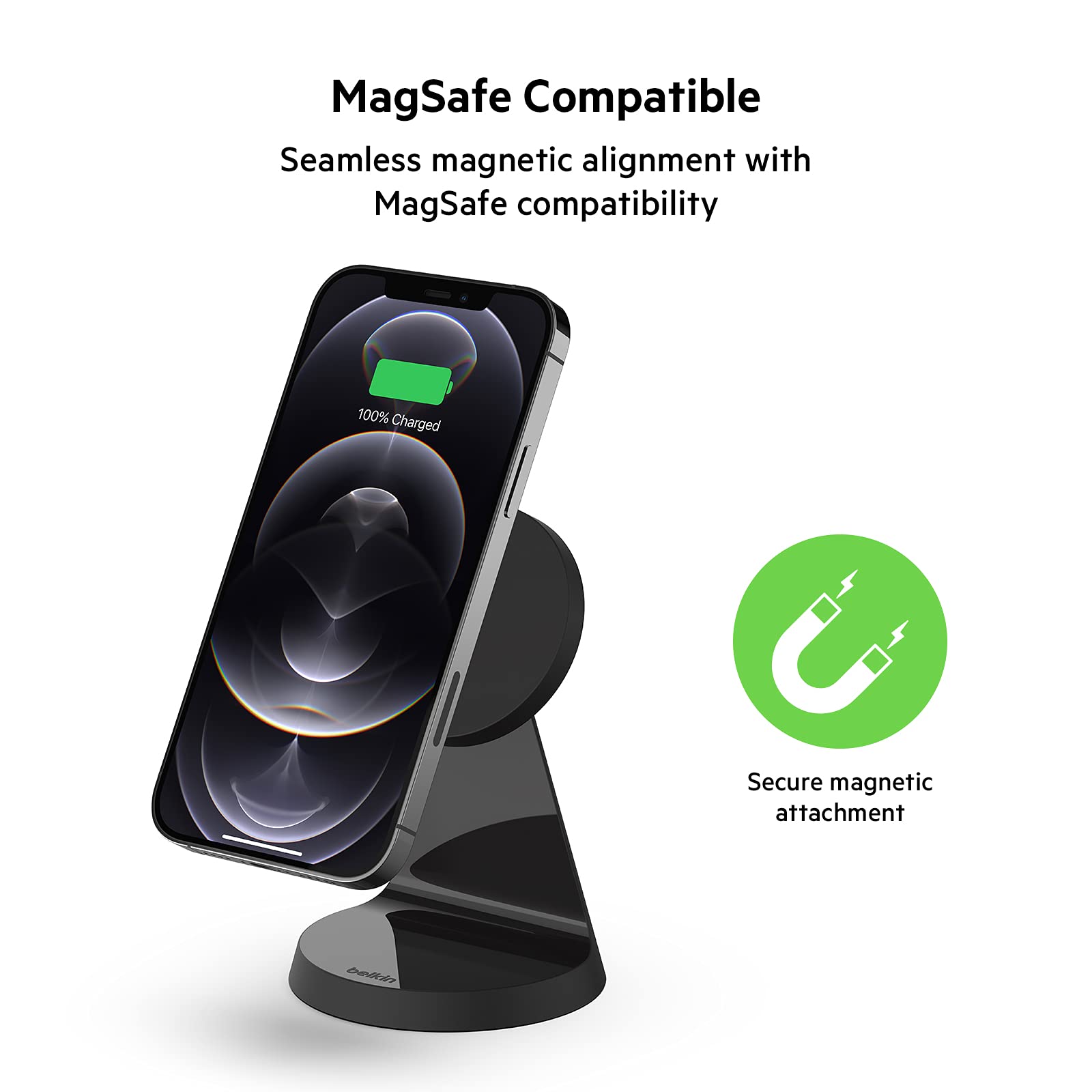Belkin Magnetic Wireless Charger Stand with Power Supply - Fast Charging for iPhone 12/13/Pro/Pro Max/Mini, MagSafe Compatible (Black) - Perfect for Home, Office & Travel Charging