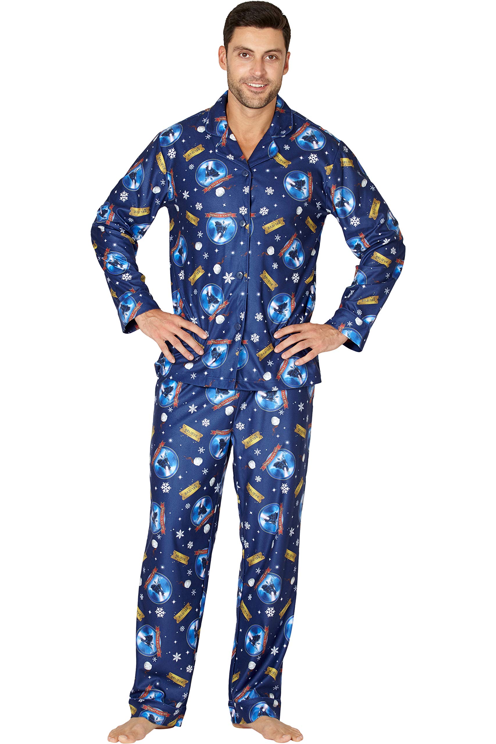 Polar Express The Adult Believe Button-Front Coat Shirt and Pants Pajama Set - Cozy Christmas Pajamas for Holiday Movie Nights & Family Gatherings