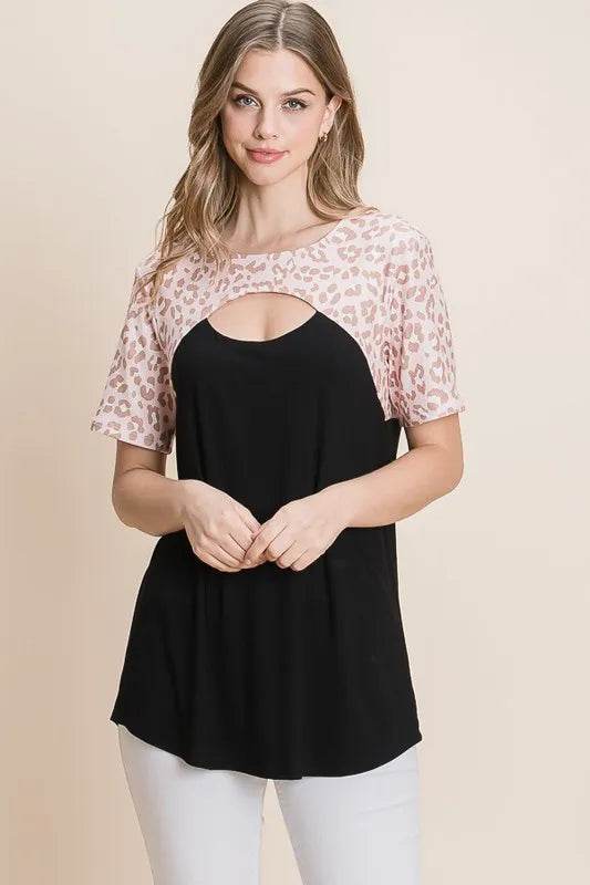 BOMBOM Chic Leopard Print Contrast Cutout Women's Tops - Sexy Party Blouse for Night Out, Clubwear & Date Night Outfits