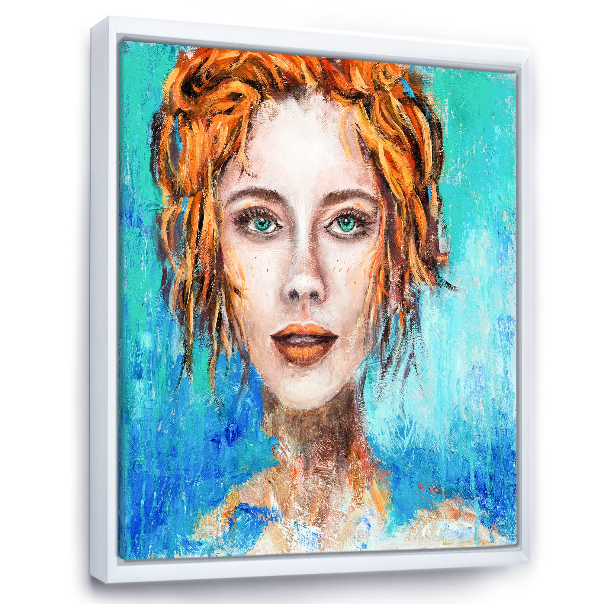 DesignQ Modern Framed Canvas Wall Art - Green Eyed Red Haired Woman Portrait Painting for Living Room, Bedroom & Office Decor