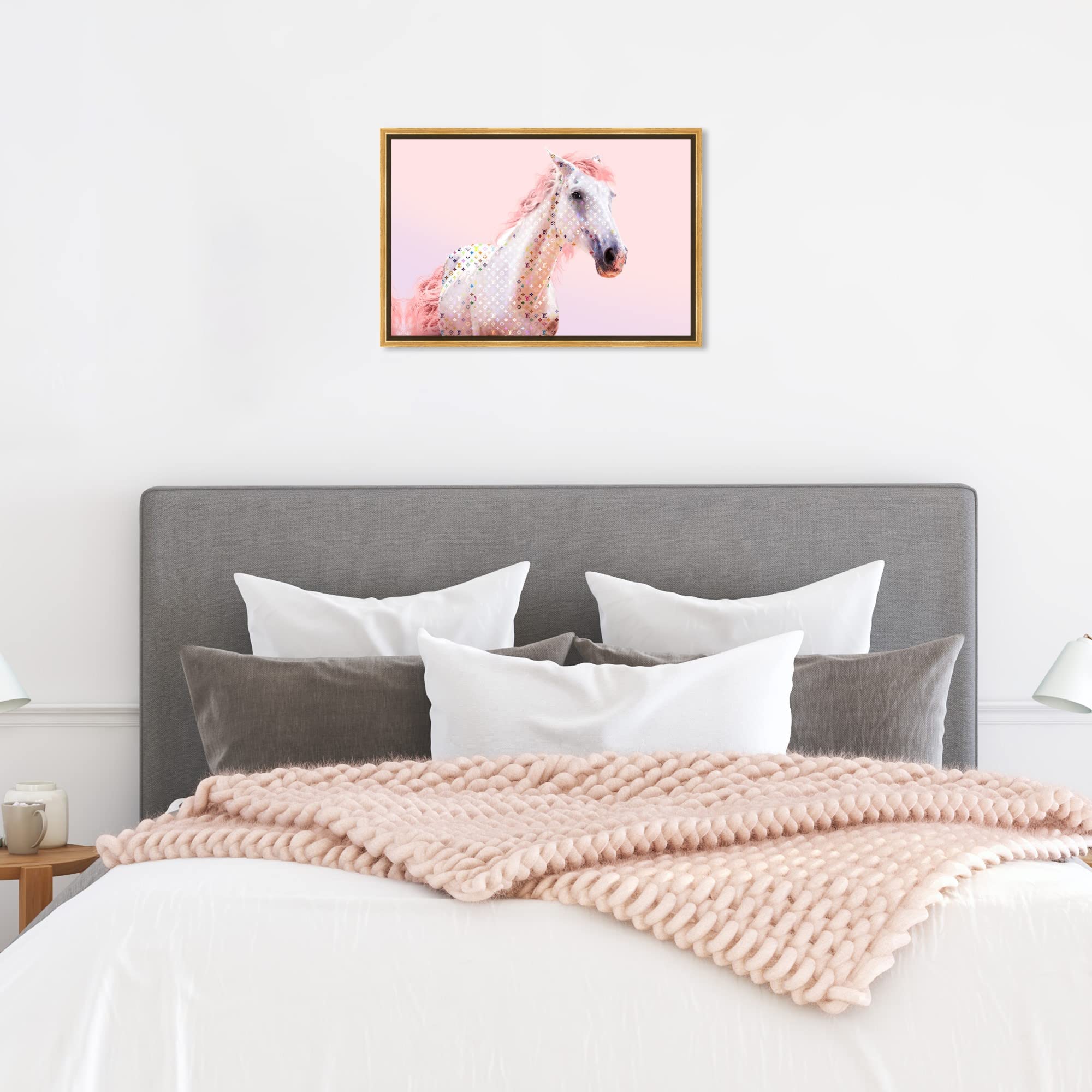 Oliver Gal Pink Glam Horse Country Farmhouse Canvas Print - 24x16 Inch Gold Framed Wall Art Painting, Rustic Home Decor for Living Room, Bedroom & Office