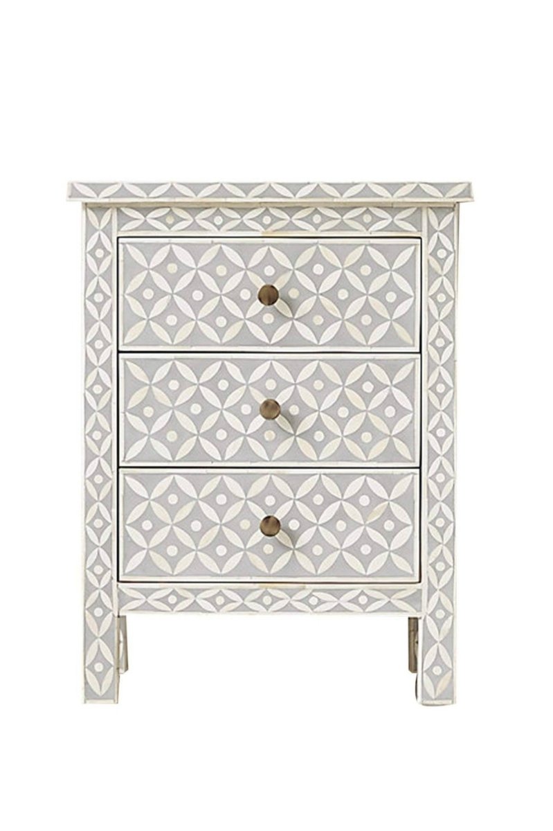 Handmade Gray Bone Inlay Geometric Nightstand - Custom Made Lamp Stand for Bedroom, Living Room & Office Decor | Vintage Boho Furniture for Home Styling