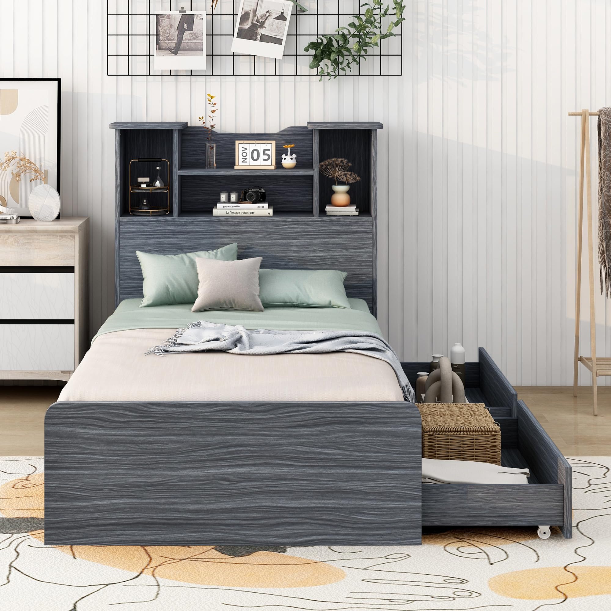 P PURLOVE Twin Size LED Light Bed Frame with Storage Headboard & Drawer - Solid Wood Platform Bed with Slats for Kids, Teens & Adults in Gray - Perfect for Small Bedrooms, Dorm Rooms & Guest Rooms