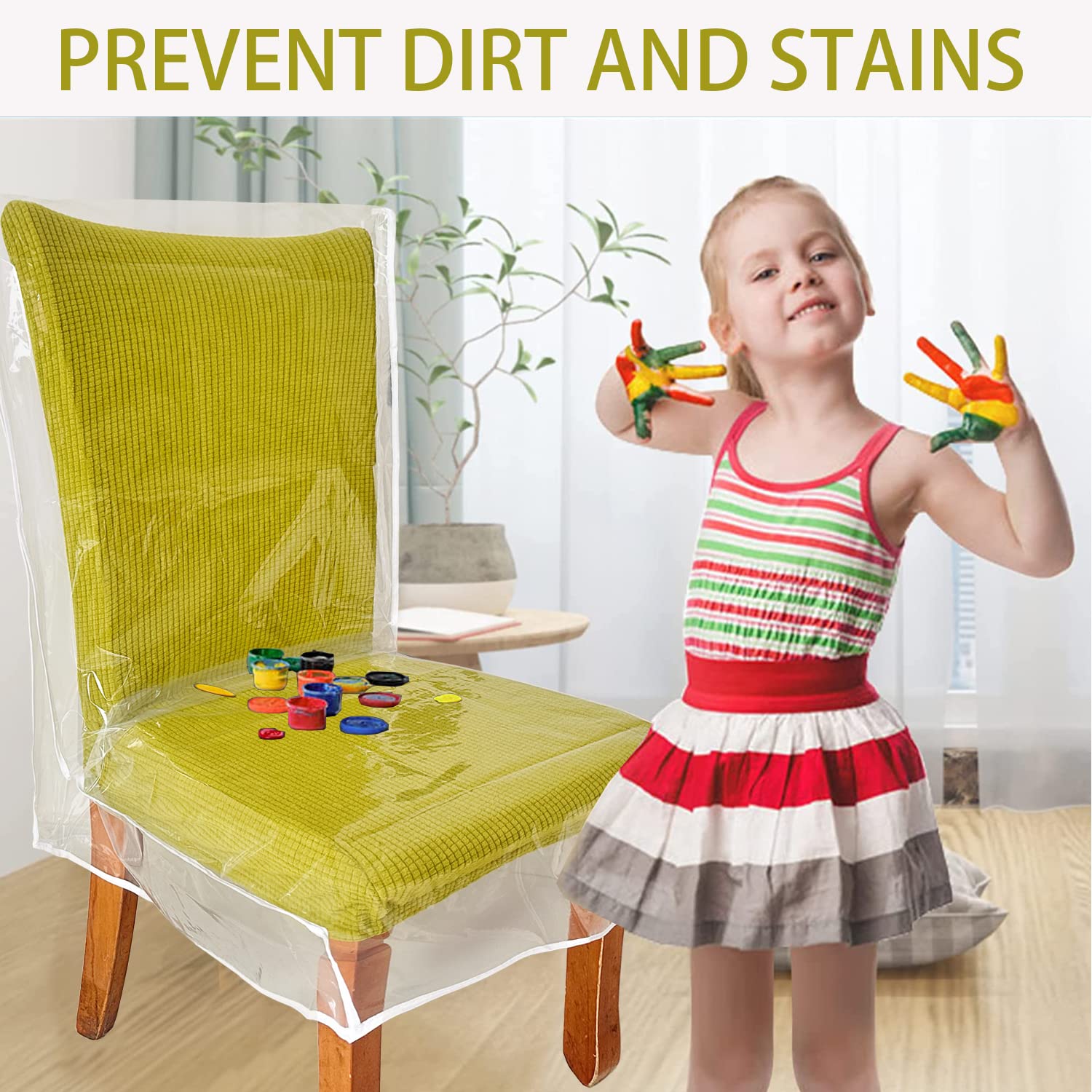 JOMMIE CHEN Clear Plastic Chair Covers - 4 Pack Waterproof PE Material Dining Chair Protectors for Liquids, Dust & Pet Scratches - Durable, Washable Seat Covers for Kitchen, Restaurant & Home Use