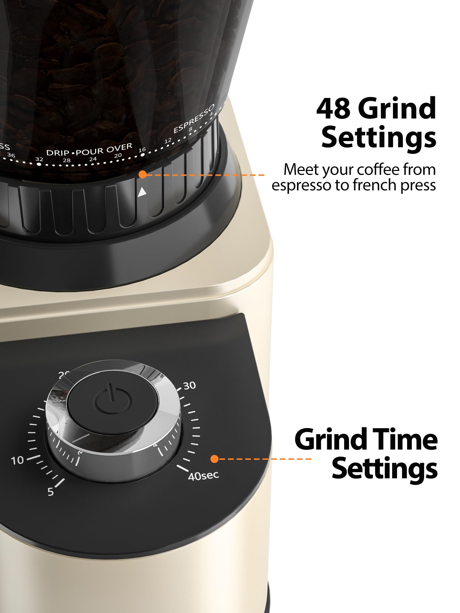 Aromaster Electric Burr Coffee Grinder - 48 Precise Grind Settings for Espresso, Pour Over, Cold Brew & French Press - Stainless Steel Coffee Bean Grinder (Beige) - Perfect for Home Kitchens, Offices & Coffee Shops