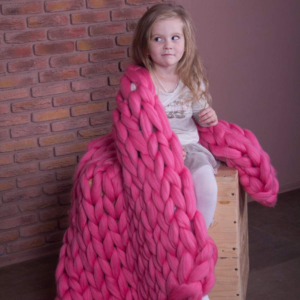 Chunky Knit Blanket Handmade - Large Thick Wool Throw for Bedroom, Couch, Sofa & Pet Bed - Soft Cozy Blanket for Winter - Rose Color 48