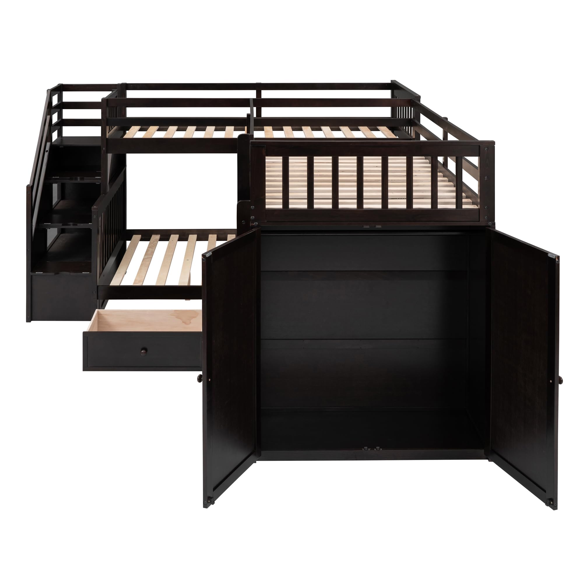 L-Shaped Triple Bunk Bed with Storage Staircase, Wardrobe, Desk & Drawers - Solid Wood Space-Saving Bunk Bed for 3 Kids, Teens or Adults (Twin Over Full, Espresso Finish) - Perfect for Small Bedrooms, Guest Rooms & Shared Kids' Rooms