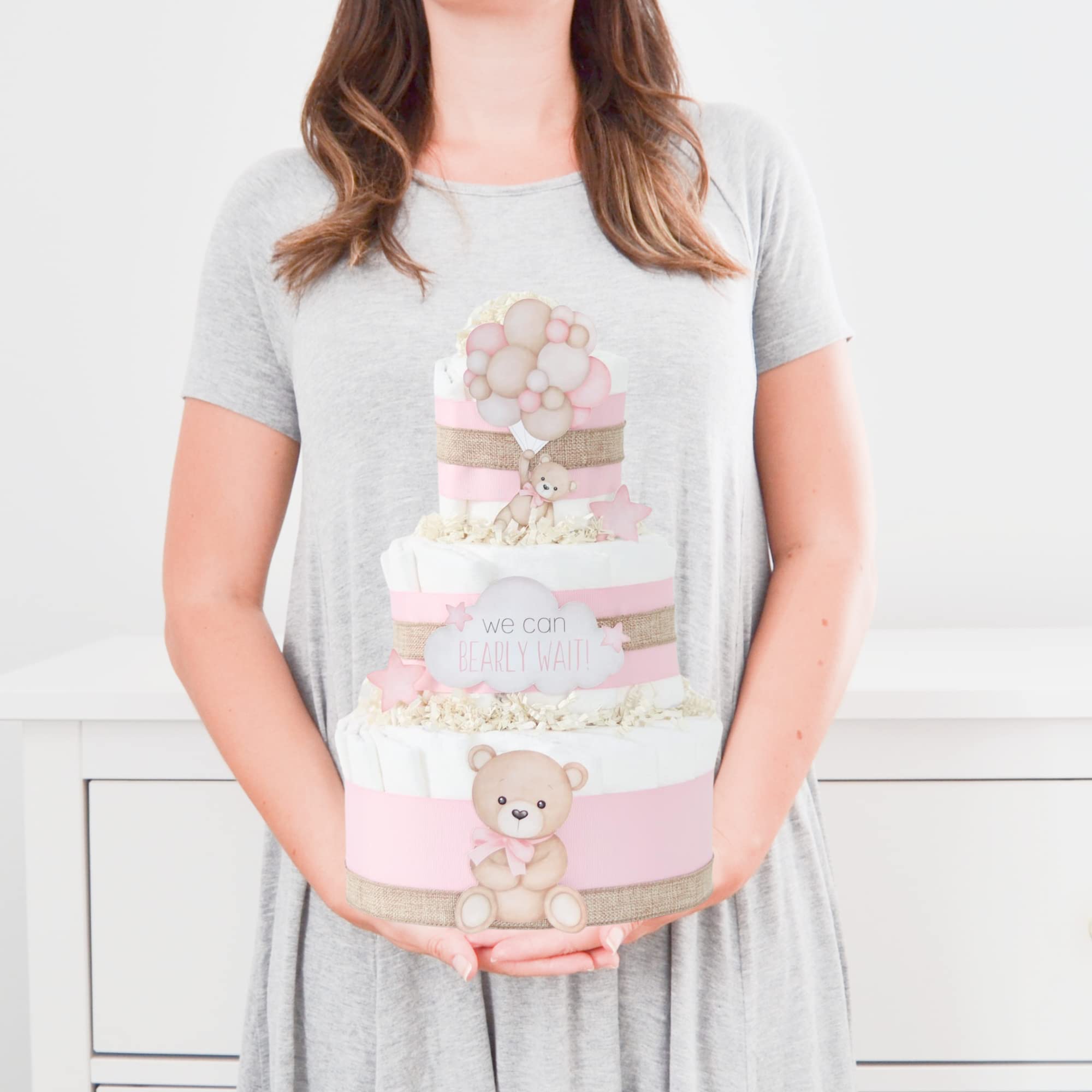 Adorable Teddy Bear Diaper Cake - Perfect Baby Shower Centerpiece & Gift for Newborn Girls (Pink Balloons) - Gender Reveal, Nursery Decor & 1st Birthday Party Decoration
