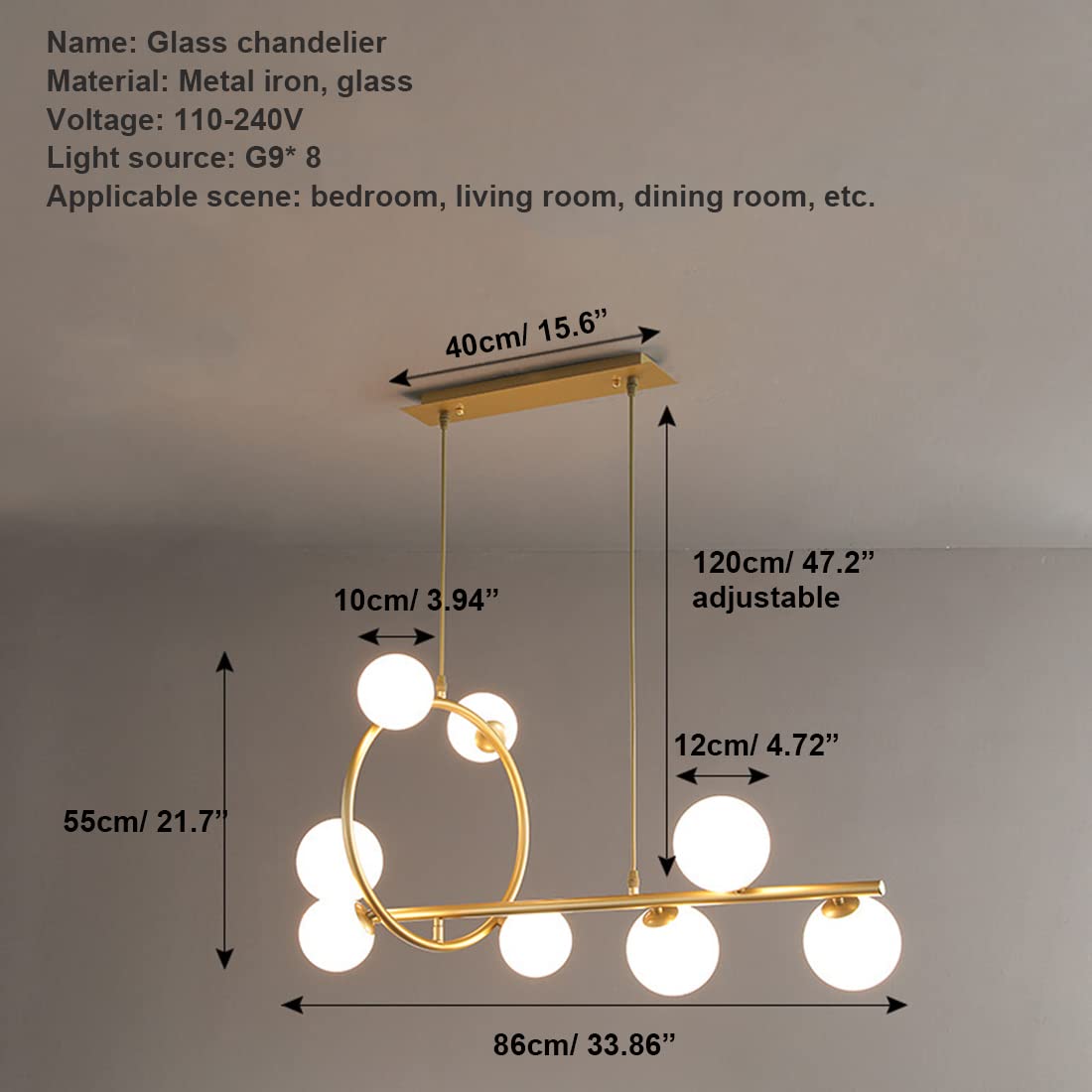 8-Light Globe Chandelier Gold Linear Pendant Light Fixture with Magic Bean Molecule Glass Orb Shade - Modern Ceiling Light for Dining Room, Kitchen, Bedroom, Living Room (White Shade) - Perfect for Home Decor, Wedding Venues and Restaurant Lighting