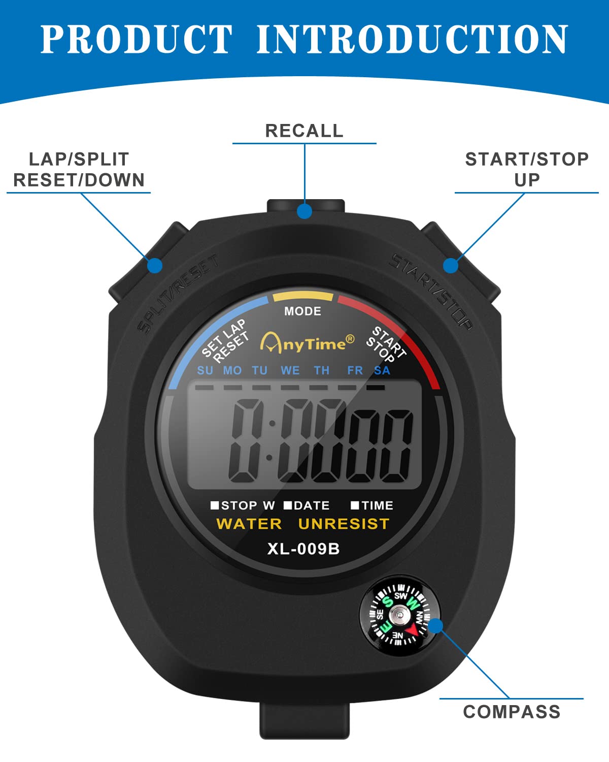 TINDTOP Digital Stopwatch Timer 4 Pack - Professional Sports Stopwatch with Calendar, Alarm & Compass - Multifunction Handheld Timer for Swimming, Running, Soccer Coaches & Referees - Perfect for Training, Competitions and Outdoor Activities