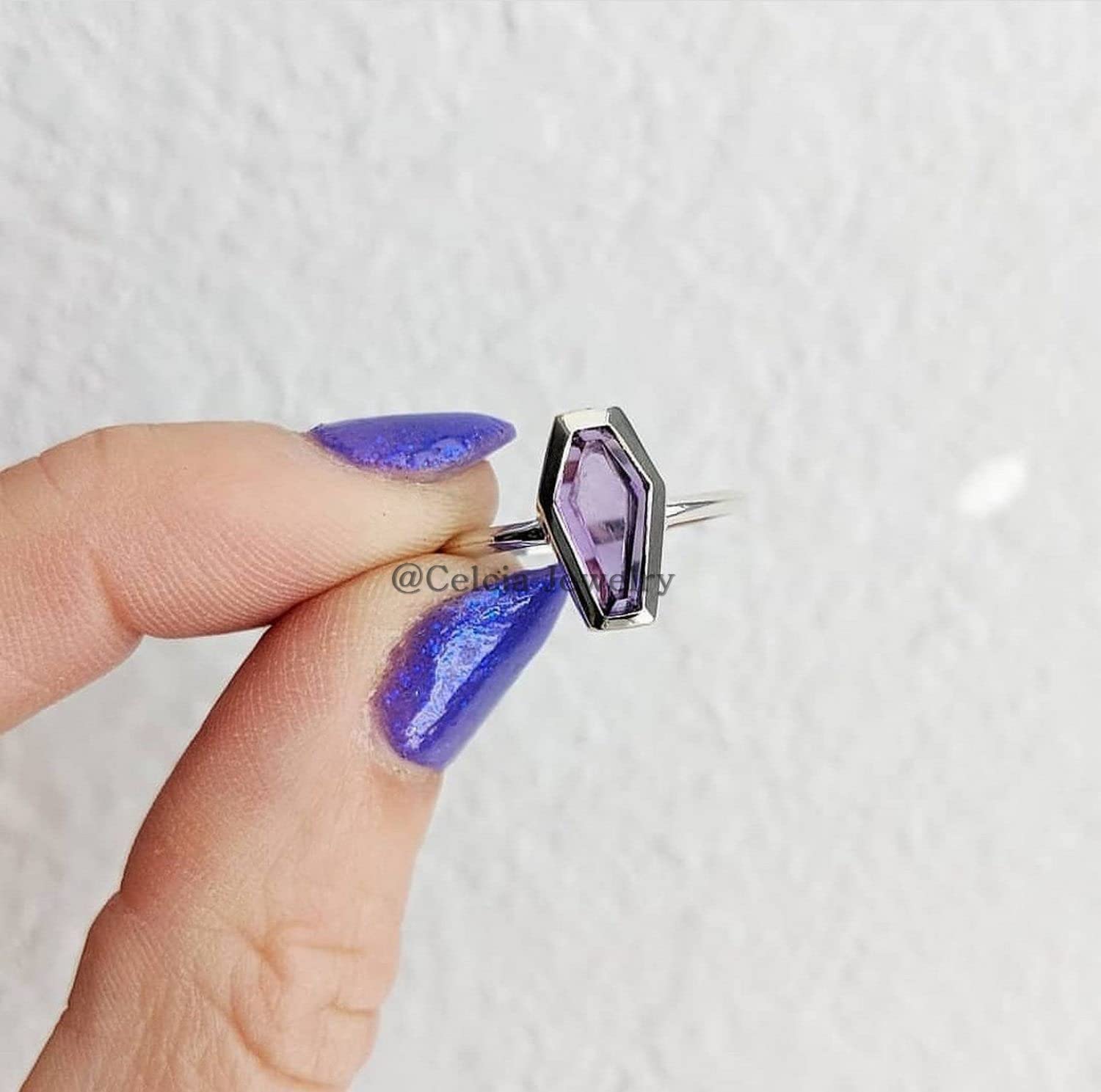 Handmade Amethyst Purple Gemstone Coffin Ring for Women - February Birthstone Jewelry, Statement Ethnic Ring, Unique Gift for Wife, Mom, Anniversary & Birthday - Size 7 - Perfect for Boho Fashion, Special Occasions & Everyday Elegance