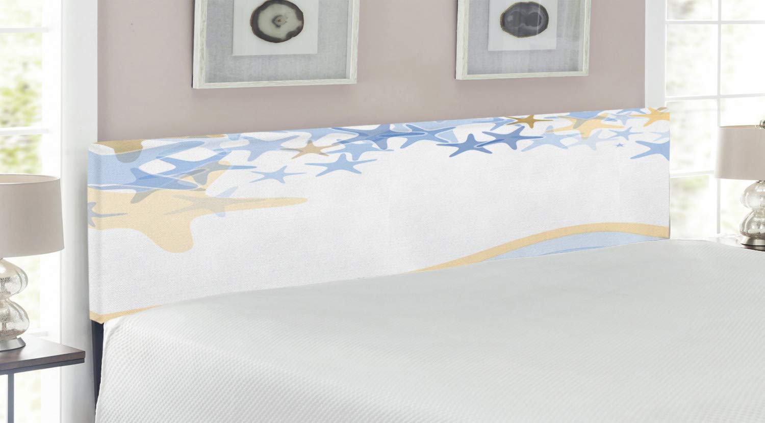 Ambesonne Starfish Headboard - Ocean Inspired Wavy Stripes Design with Memory Foam, Upholstered Decorative Metal Bed Frame for King Size Beds | Sea Life Theme Home Decor for Coastal & Nautical Bedroom Styles