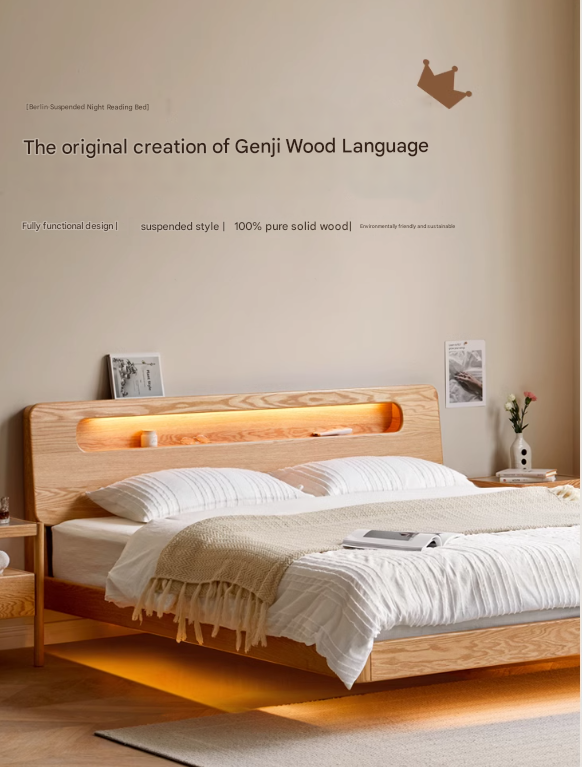 Solid Oak Wood Suspension Luminous Bed - Modern Floating Platform Bed with LED Lighting for Bedroom, Guest Room, or Dorm