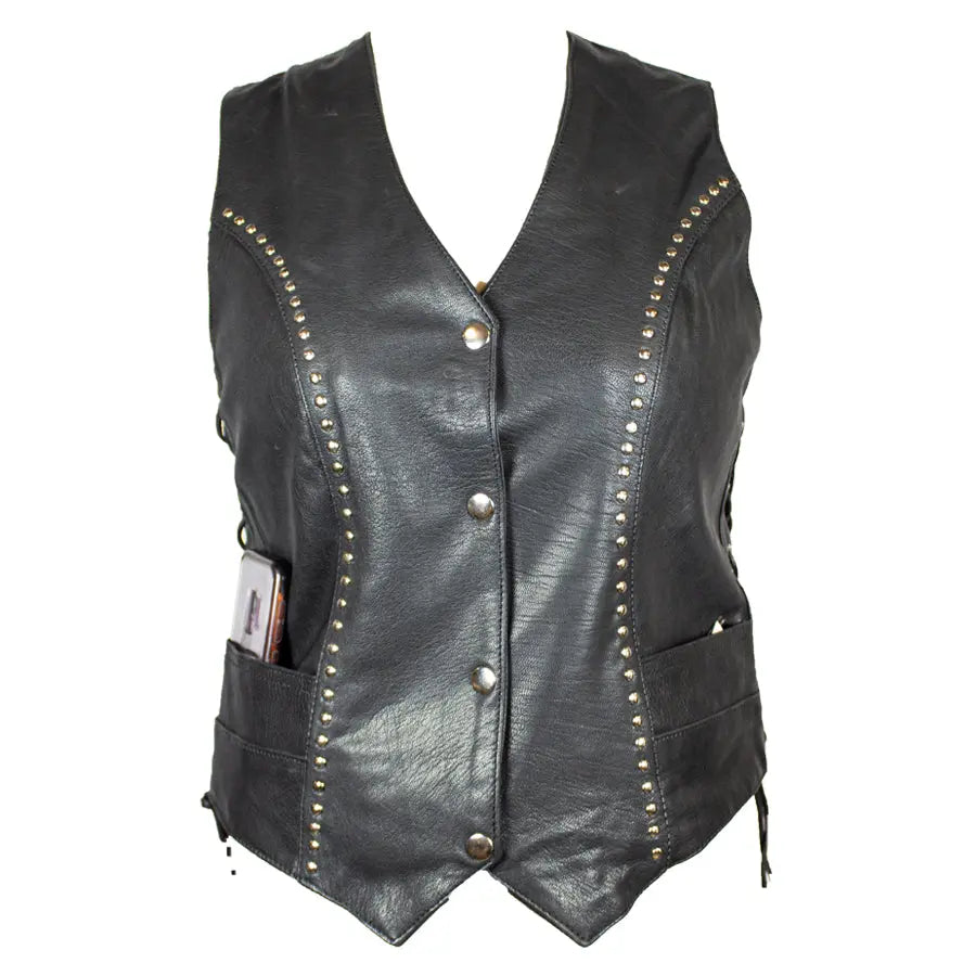 Open Road Women's Stud Accent Leather Vest - Stylish Biker Jacket for Motorcycle Riding, Night Out & Casual Wear
