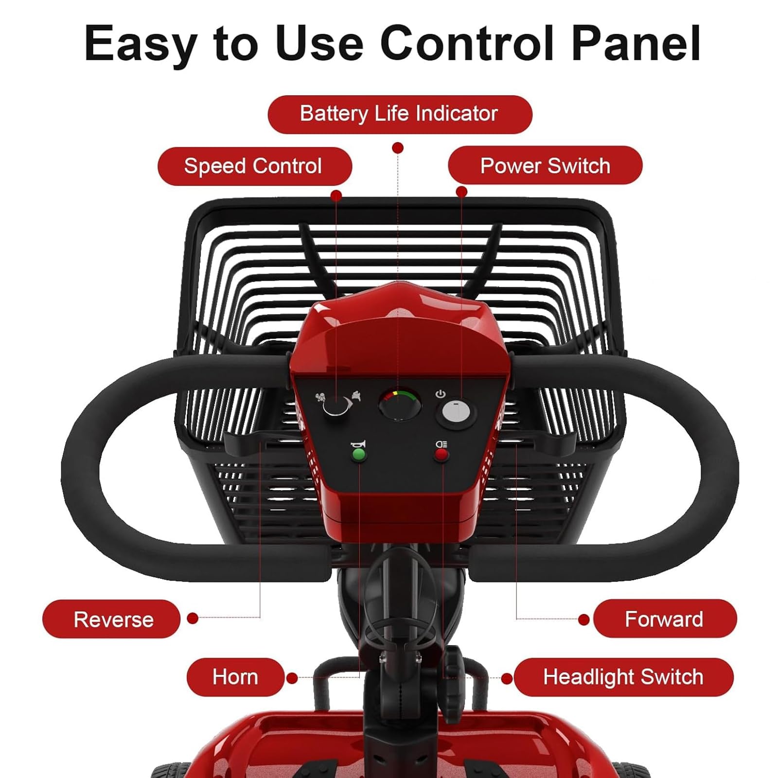 All-Terrain Foldable Electric Mobility Scooter for Adults - 265 lbs Weight Capacity, Long Range Extended Battery with Charger, LED Light & Basket - Ideal for Travel, Shopping & Outdoor Adventures (Red)