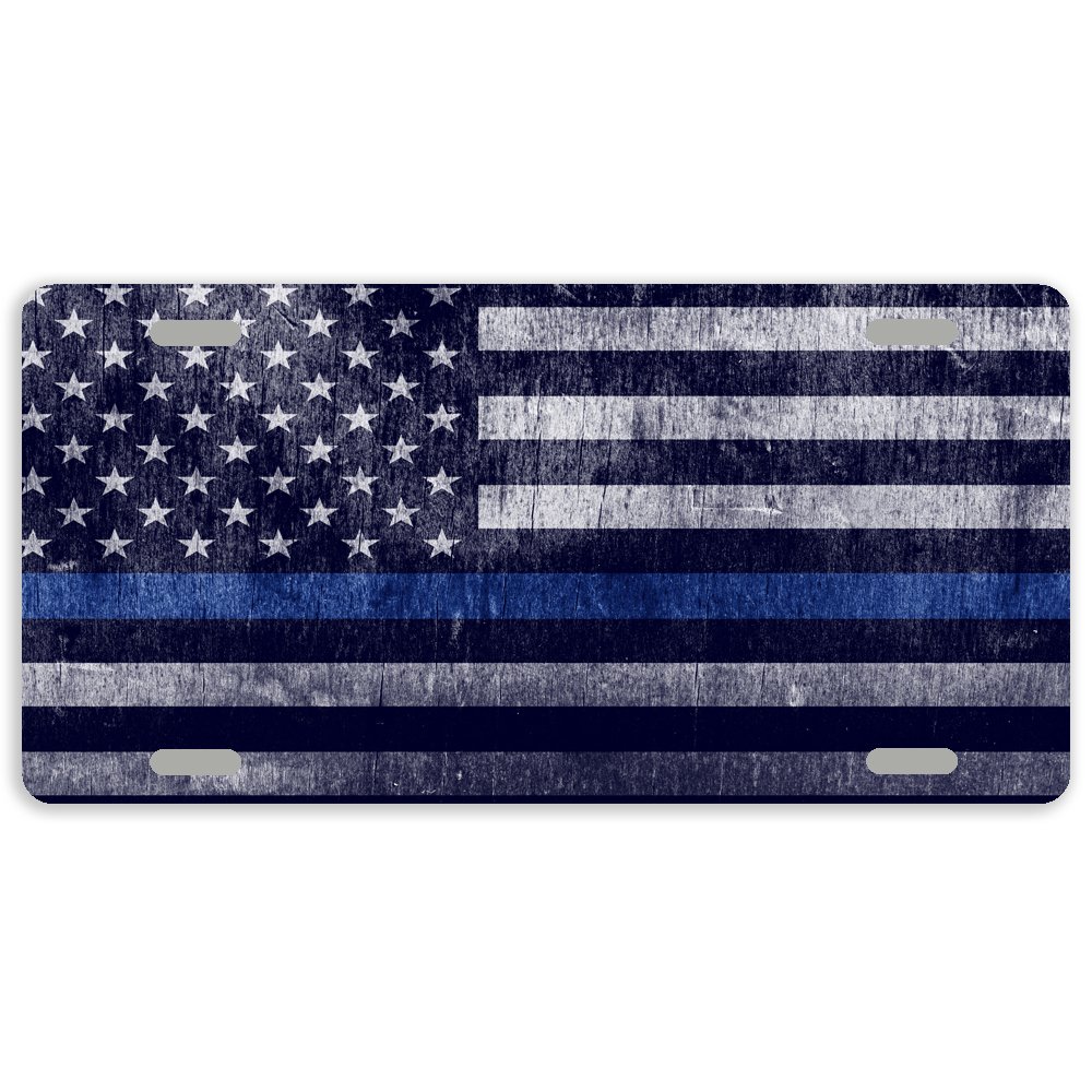 Thin Blue Line American Flag Metal Car License Plate Cover - 12 x 6 Inches with 4 Holes | Durable Auto Tag for Police Support & Patriotic Vehicle Decoration | Perfect for Cars, Trucks & Motorcycles