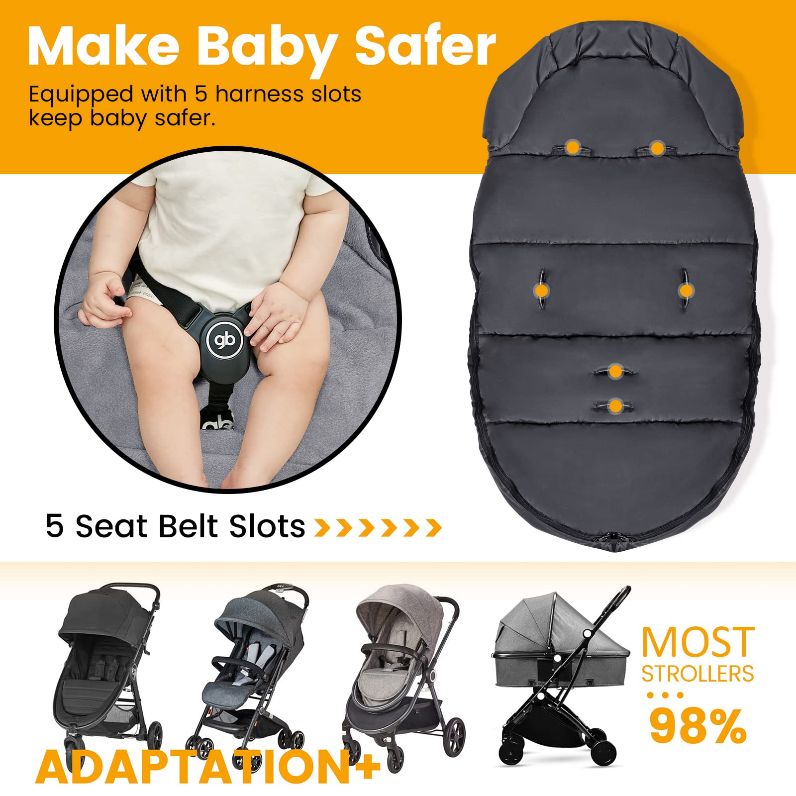 Orzbow Universal Stroller Footmuff - Winter Warm Baby Bunting Bag with Waterproof Windproof Coral Fleece Lining for Toddler Stroller Sleeping Bag (Black) | Perfect for Cold Weather Outings & Stroller Naps