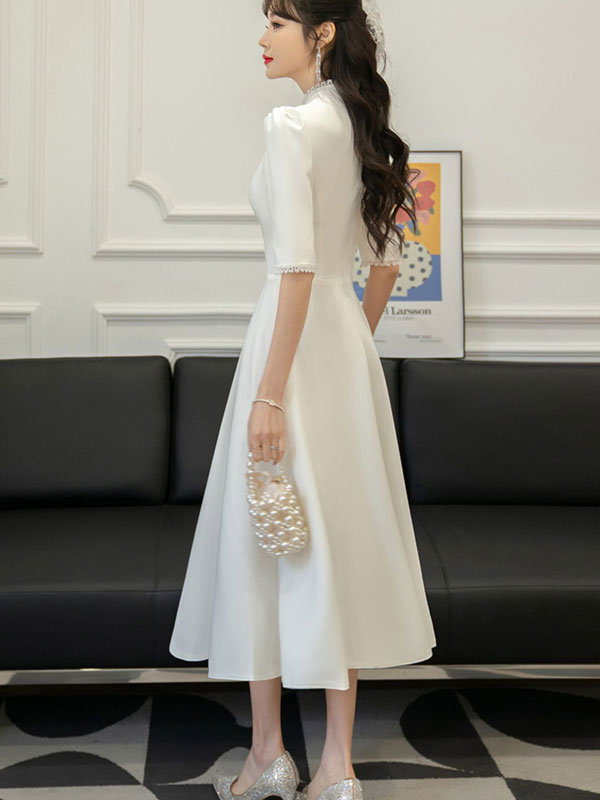 Elegant White Midi A-Line Cheongsam Wedding Dress for Bride - Perfect for Engagement Party, Bridal Shower & Traditional Chinese Ceremonies
