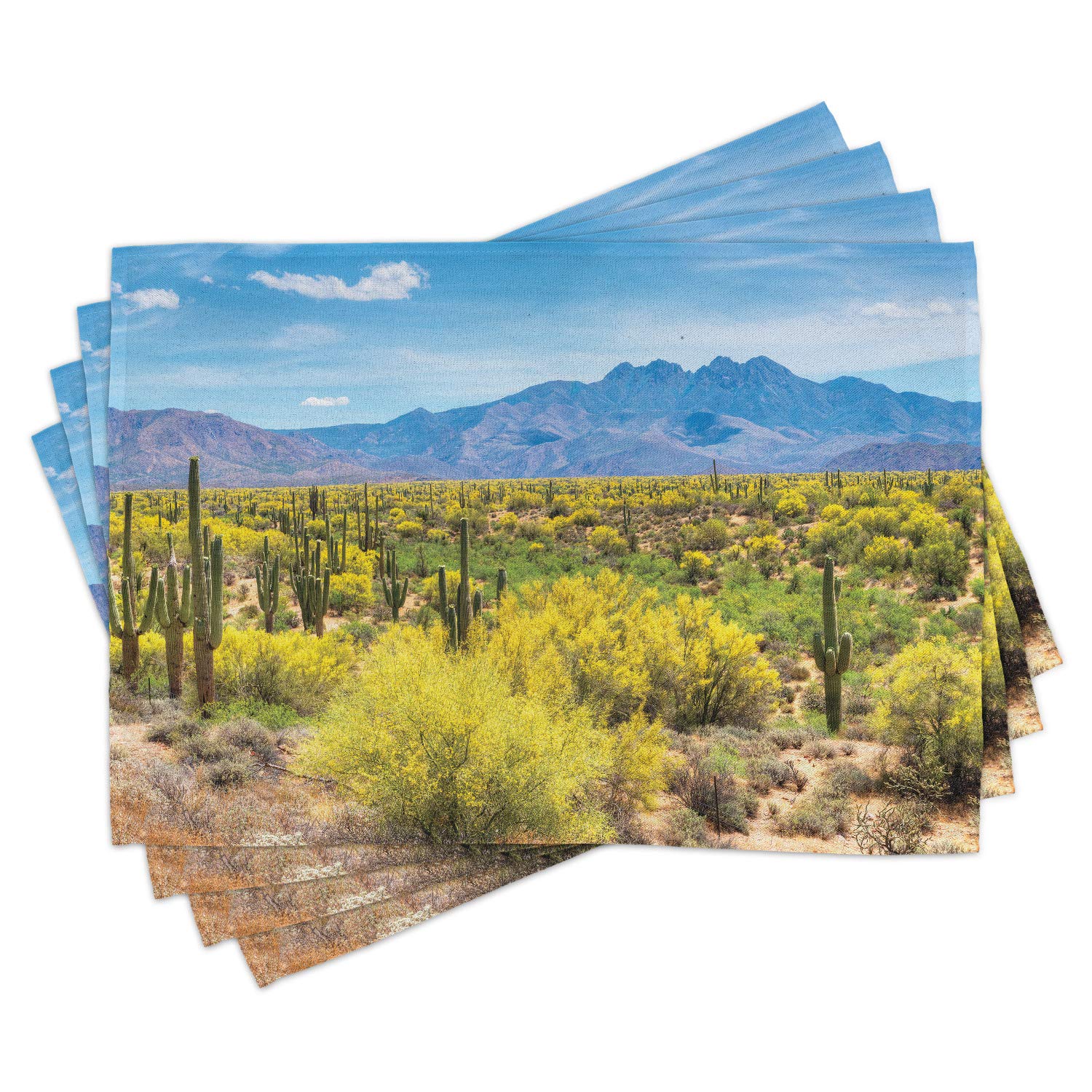 Lunarable Saguaro Place Mats Set of 4 - Blooming Palo Verdes & Saguaros at 4 Peaks Hills Phoenix Arizona - Washable Fabric Placemats for Dining Table & Kitchen Decor in Apple Green & Pale Blue - Perfect for Southwest-Themed Dinner Parties & Home Decor