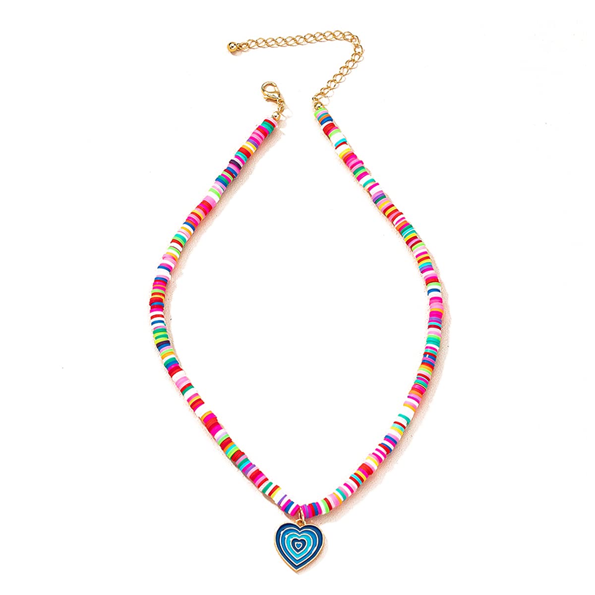Colorful Heishi Polymer Clay Vinyl Disc Heart Necklace - Peach Love Pendant Multicolor Beaded Collar for Women & Girls | Dainty Jewelry for Valentine's Day, Birthday Gifts & Everyday Wear