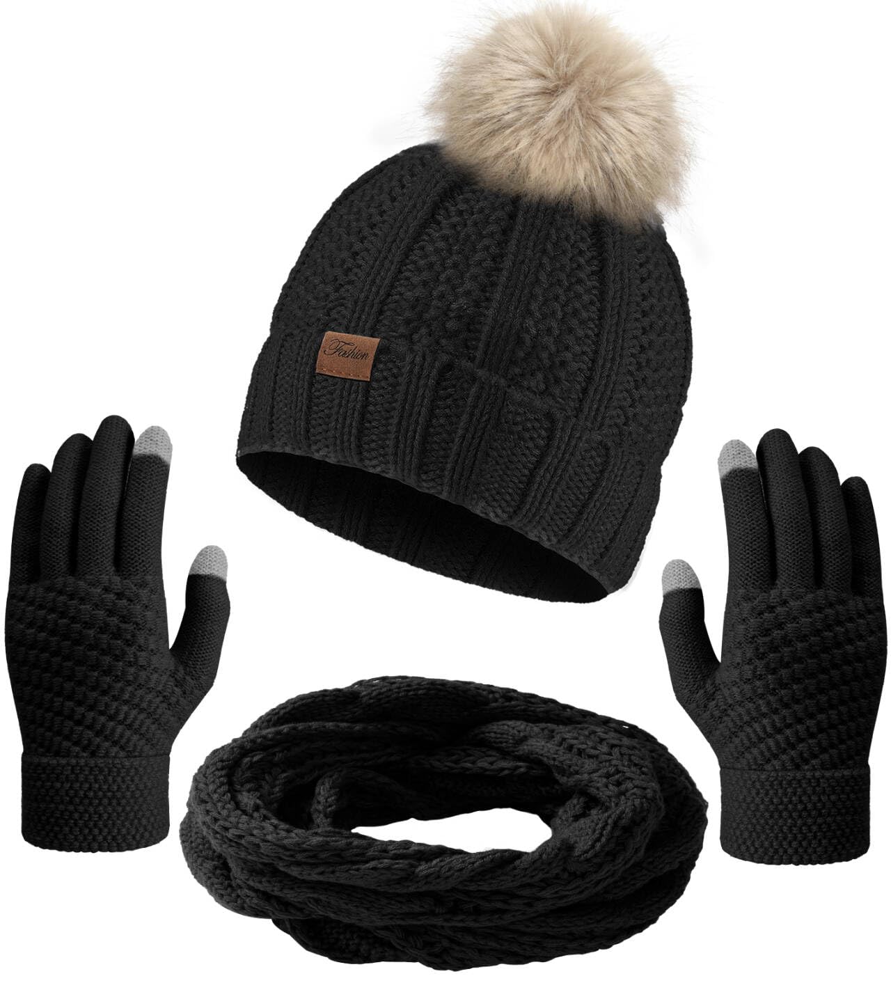 Passionbility Winter Beanie Hat & Circle Scarf Set with Touchscreen Gloves - Warm Fleece Lined Skull Cap & Neck Warmer for Women & Men - Perfect for Skiing, Snowboarding & Cold Weather Activities