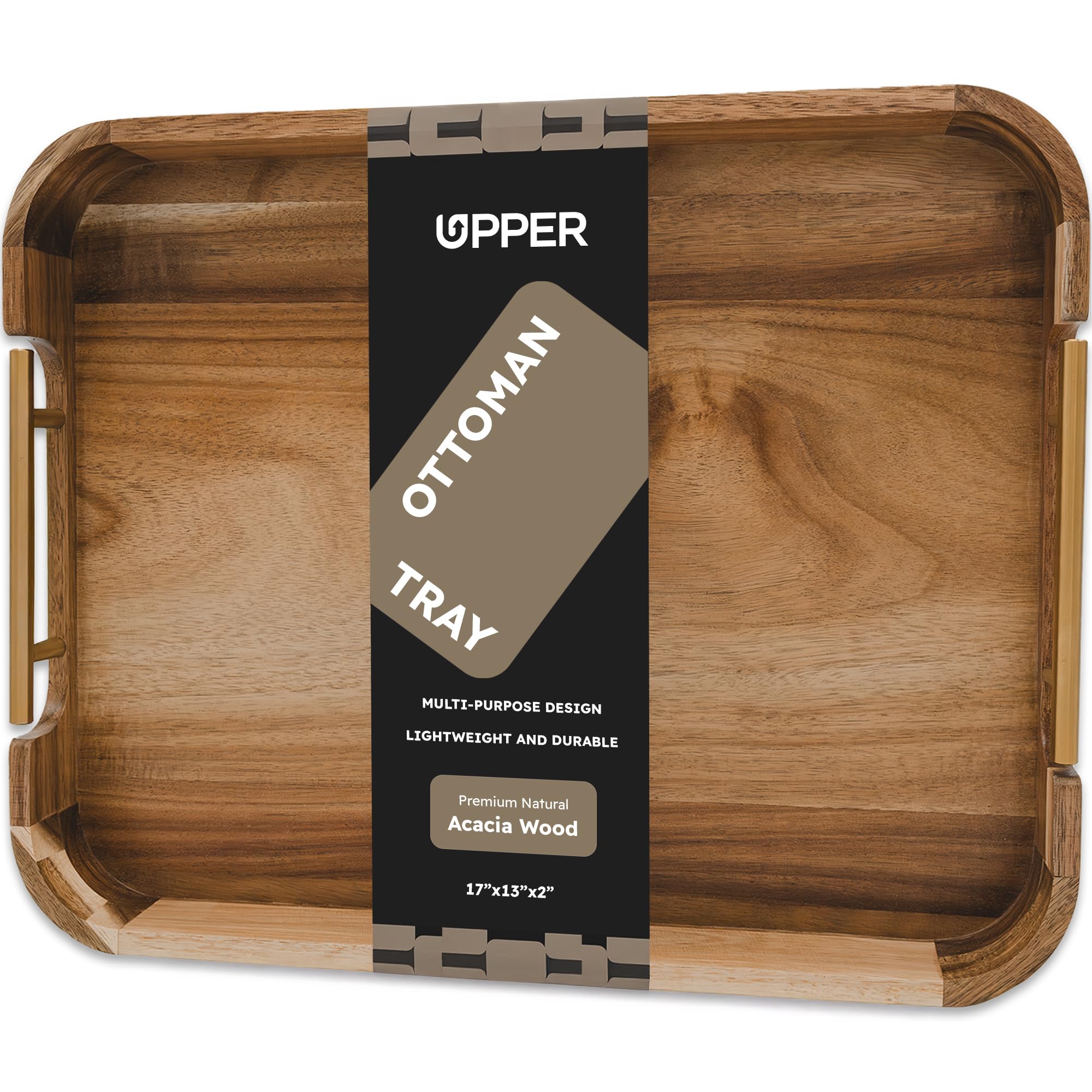 17x13 Inch Acacia Wood Ottoman Tray with Handles - Decorative Serving Tray for Coffee Table, Breakfast in Bed & Ottoman - Non-Slip Wooden Tray with Anti-Skid Pads - Perfect for Living Room, Bedroom & Home Decor