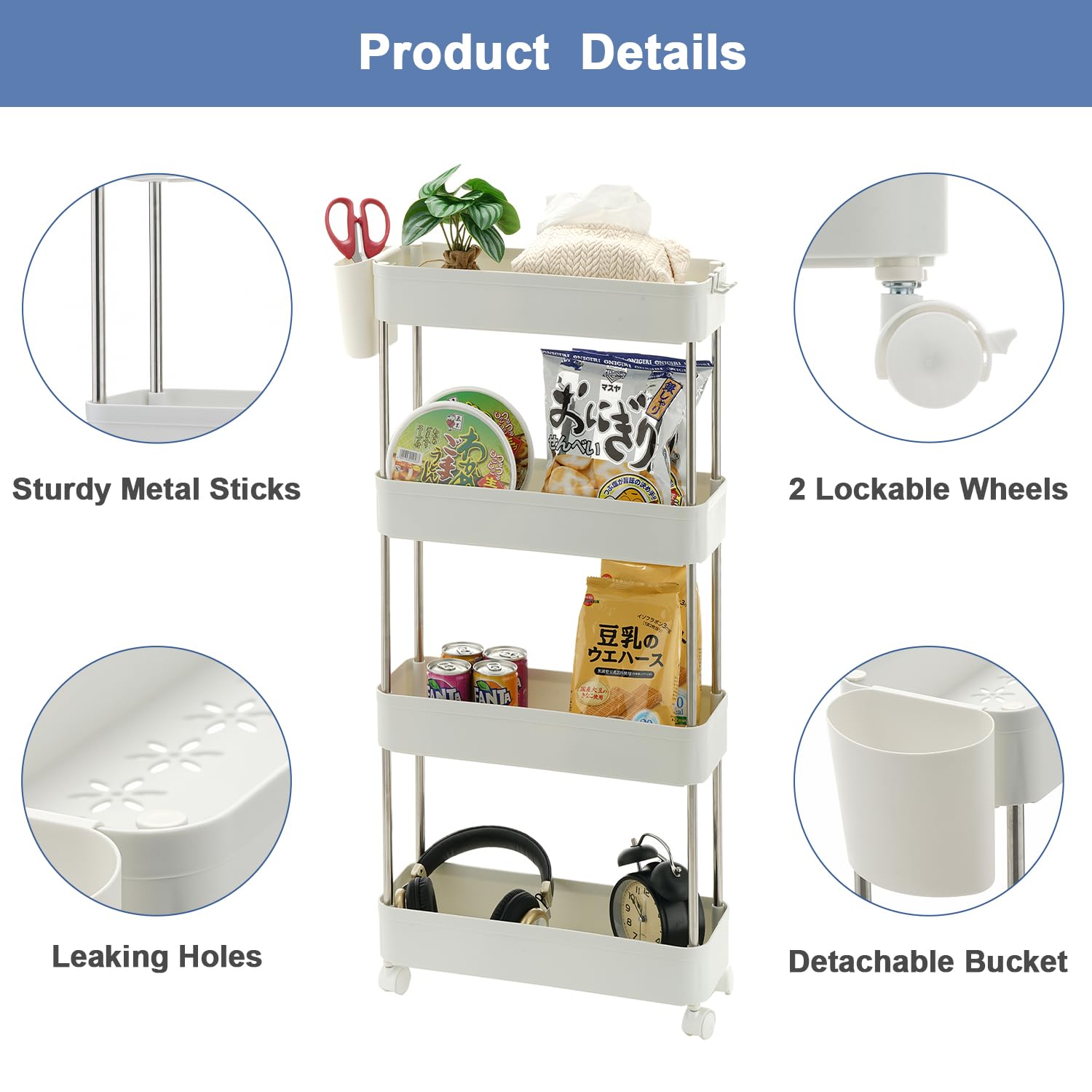 VECELO 4-Tier Slim Rolling Storage Cart with Wheels & Hooks - Mobile Kitchen Utility Organizer for Bedroom, Bathroom, Office - Perfect for Narrow Spaces & Small Areas (White) - Ideal for Home Organization, Kitchen Storage & Office Supplies