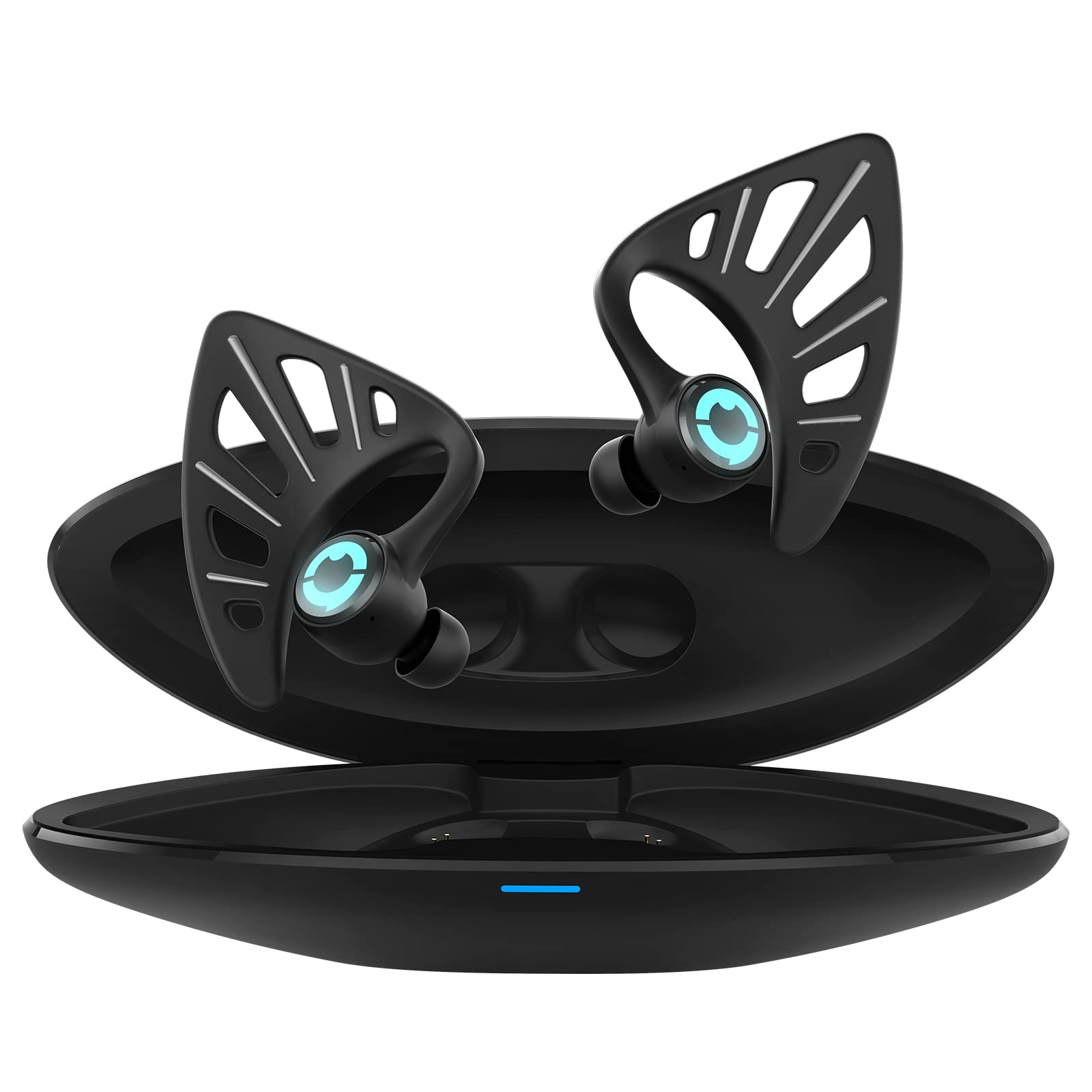 YOWU Elf Ear Wireless Bluetooth 5.0 Earbuds with RGB LED Effects - App Controlled, Dual Mic Noise Cancelling, IPX4 Waterproof, 10 Color Options & Charging Case (Black) | Perfect for Gaming, Cosplay & Music Lovers