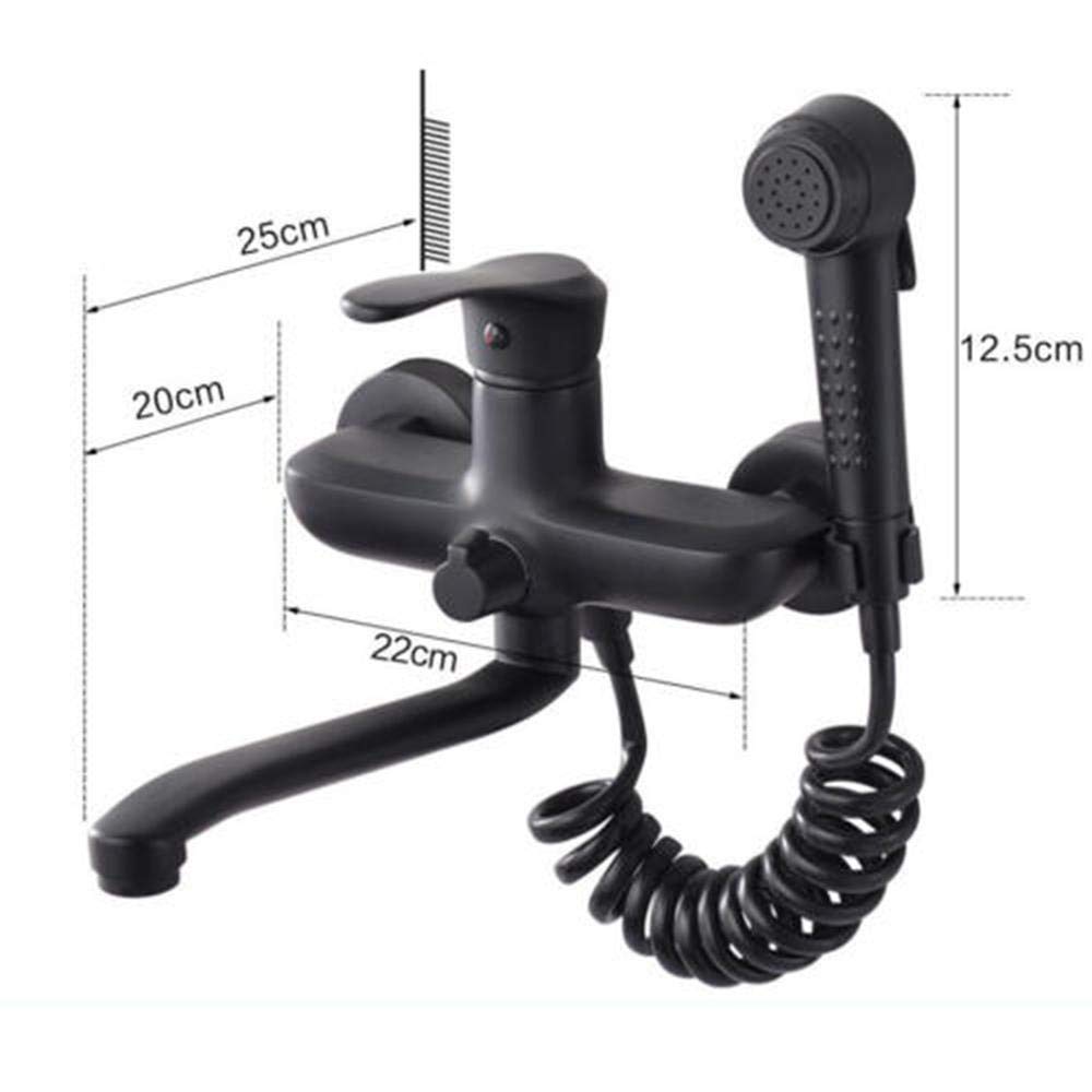 Black Wall Mount Kitchen Faucet - All Copper Double Hole Sprayer Faucet with Rotating Utility Spray Gun for Sink (25cm) - Perfect for Laundry, Utility Sinks & Compact Kitchens