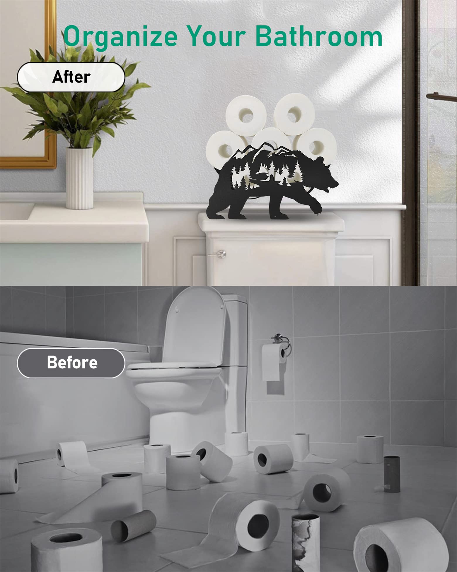 Forest Bear Toilet Paper Holder Stand - Metal Animal-Themed Bathroom Tissue Storage with 8-Roll Capacity, Freestanding Decorative Toilet Paper Basket for Home & Office Bathroom Decor