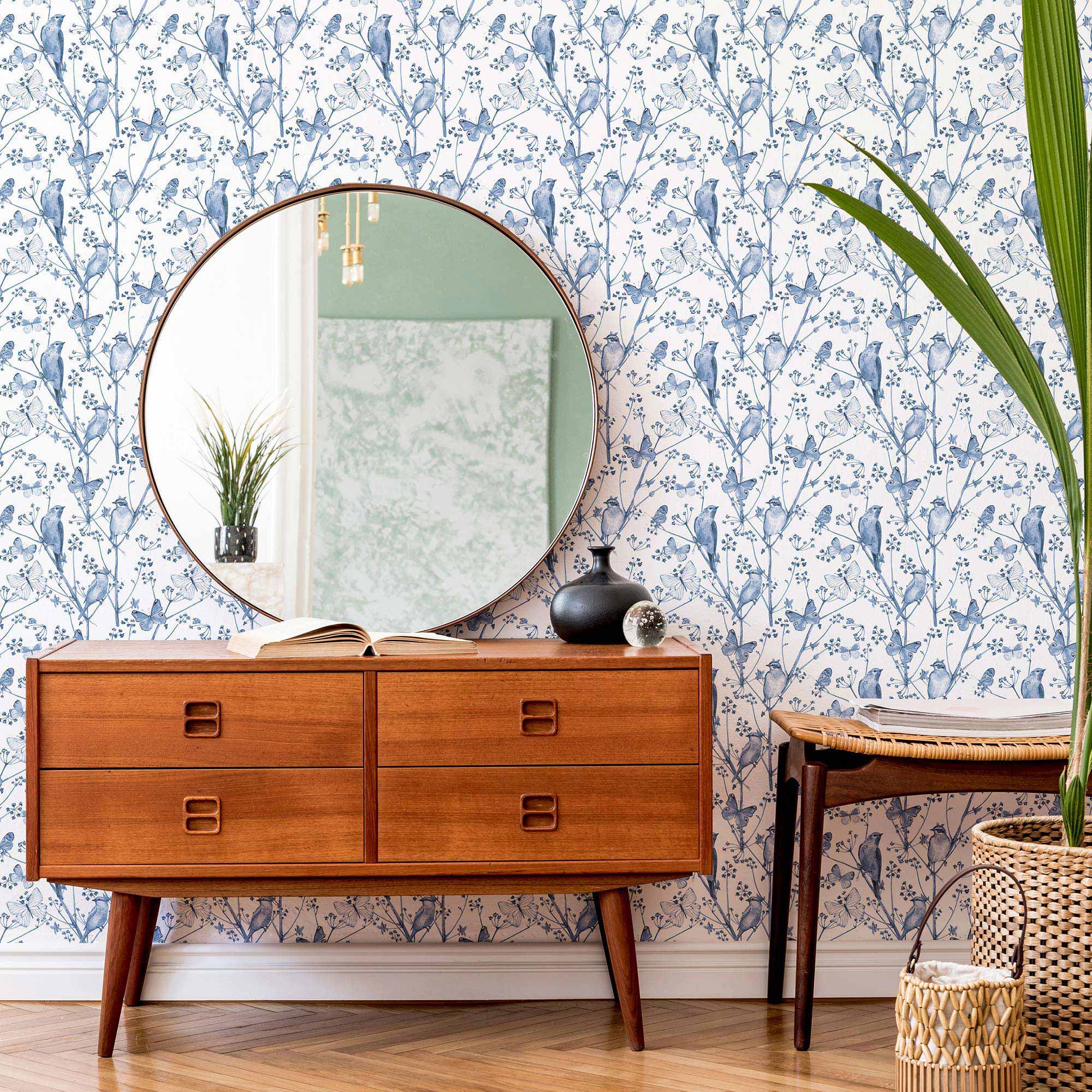 Blue Birds Peel and Stick Removable Wallpaper - Self-Adhesive Decorative Wall Covering for Bedroom, Nursery, Living Room & Home Decor - Easy to Install & Remove - Pattern 5094