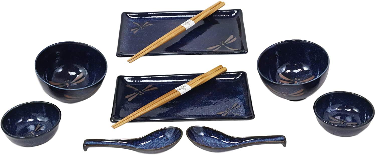 Ebros Gift Japanese Mino Ware Tombo Dragonfly Blue Porcelain 10-Piece Sushi Dinnerware Set for 2 - Includes Sushi Plates, Soup Bowls, Sauce Bowls, Bamboo Chopsticks & Asian Soup Spoons | Authentic Japanese Dining Experience, Perfect for Sushi Nights, Asian-Themed Dinners & Housewarming Gifts