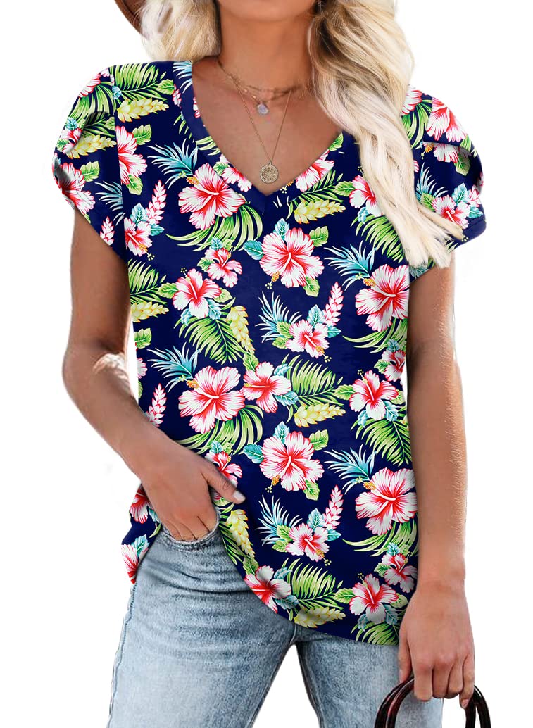 WIHOLL Women's V-Neck Casual T-Shirts with Petal Sleeves - Summer Short Sleeve Blouses for Everyday Wear, Office & Outings