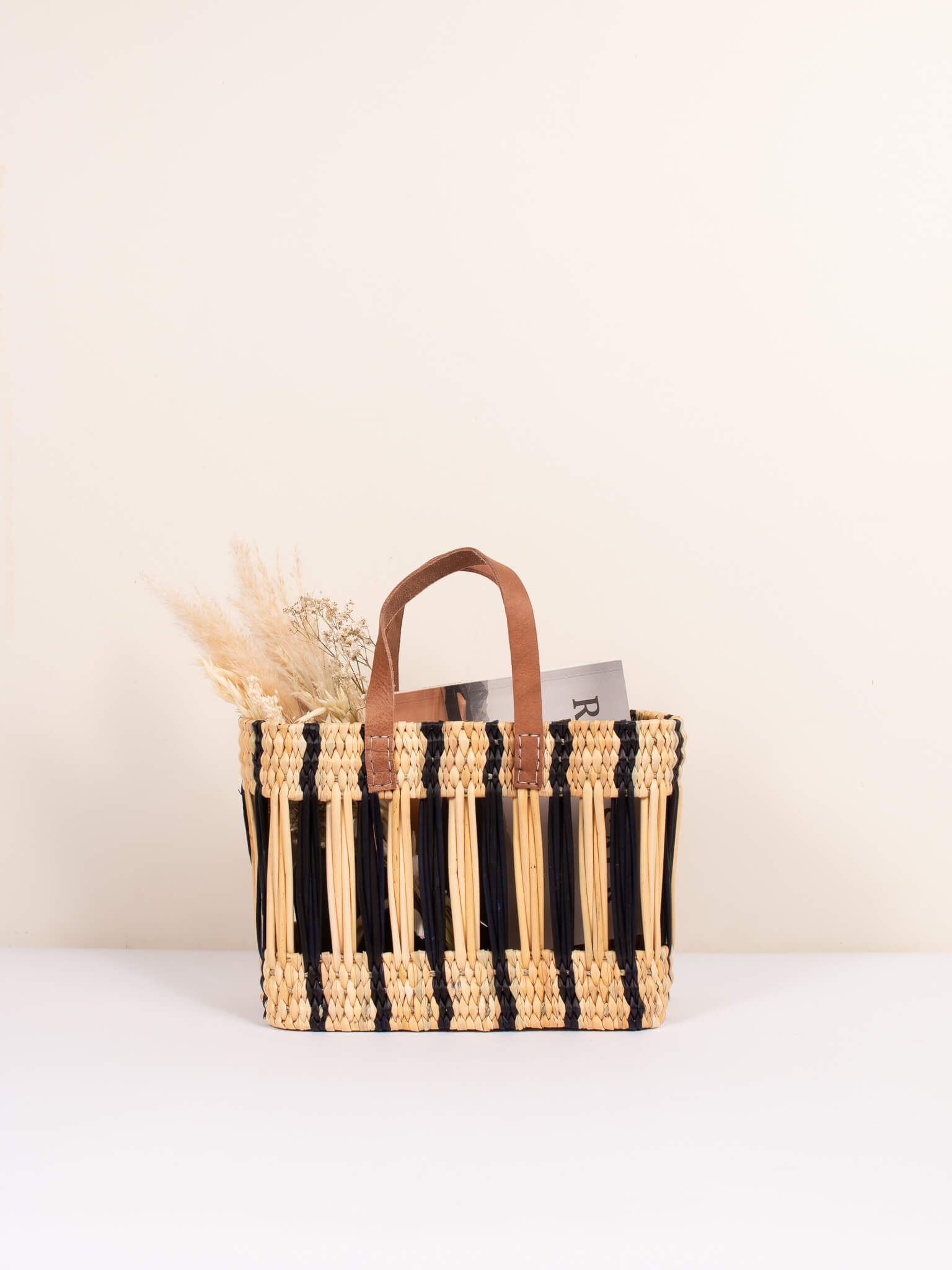 Handwoven Decorative Reed Basket with Indigo Stripes - Natural Storage Solution for Home, Office, and Gift Giving