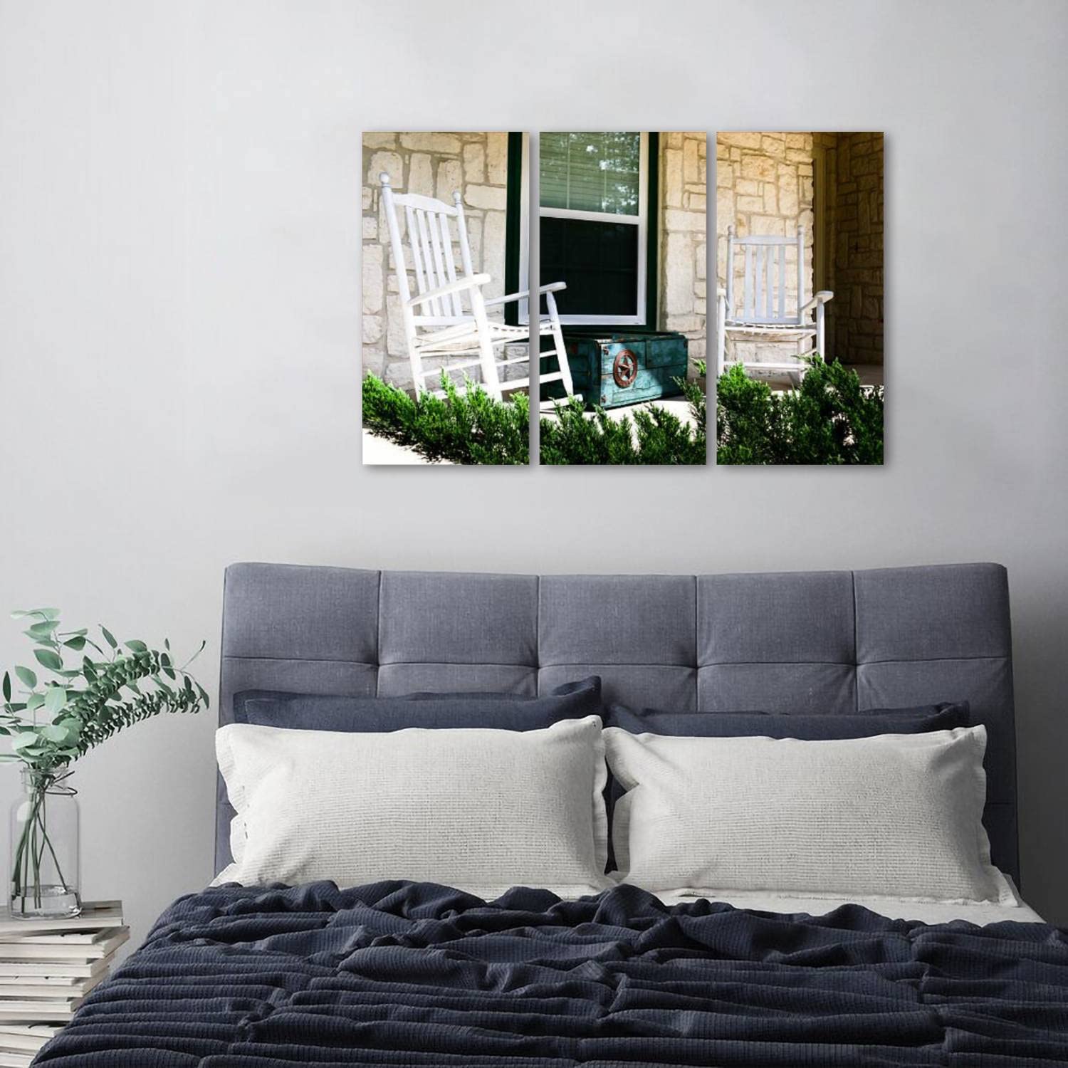 3 Piece Canvas Wall Art Prints - Modern Framed Painting for Living Room, Office, Porch - Ready to Hang Home Decor (Wooden Box & Rocking Chairs Scene) | Perfect for Farmhouse, Coastal, or Rustic Interior Design
